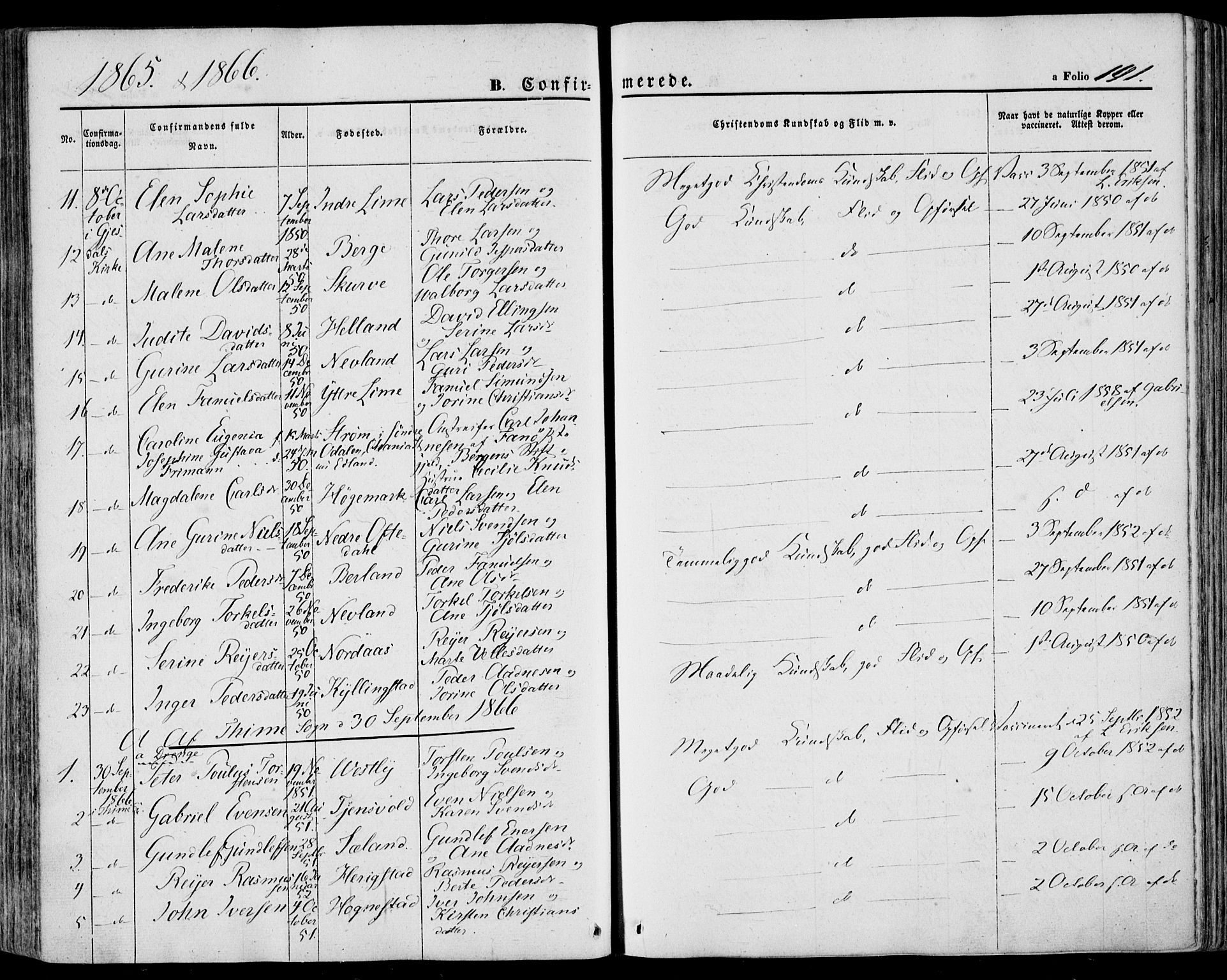 Lye sokneprestkontor, SAST/A-101794/001/30BA/L0007: Parish register (official) no. A 6, 1856-1871, p. 191