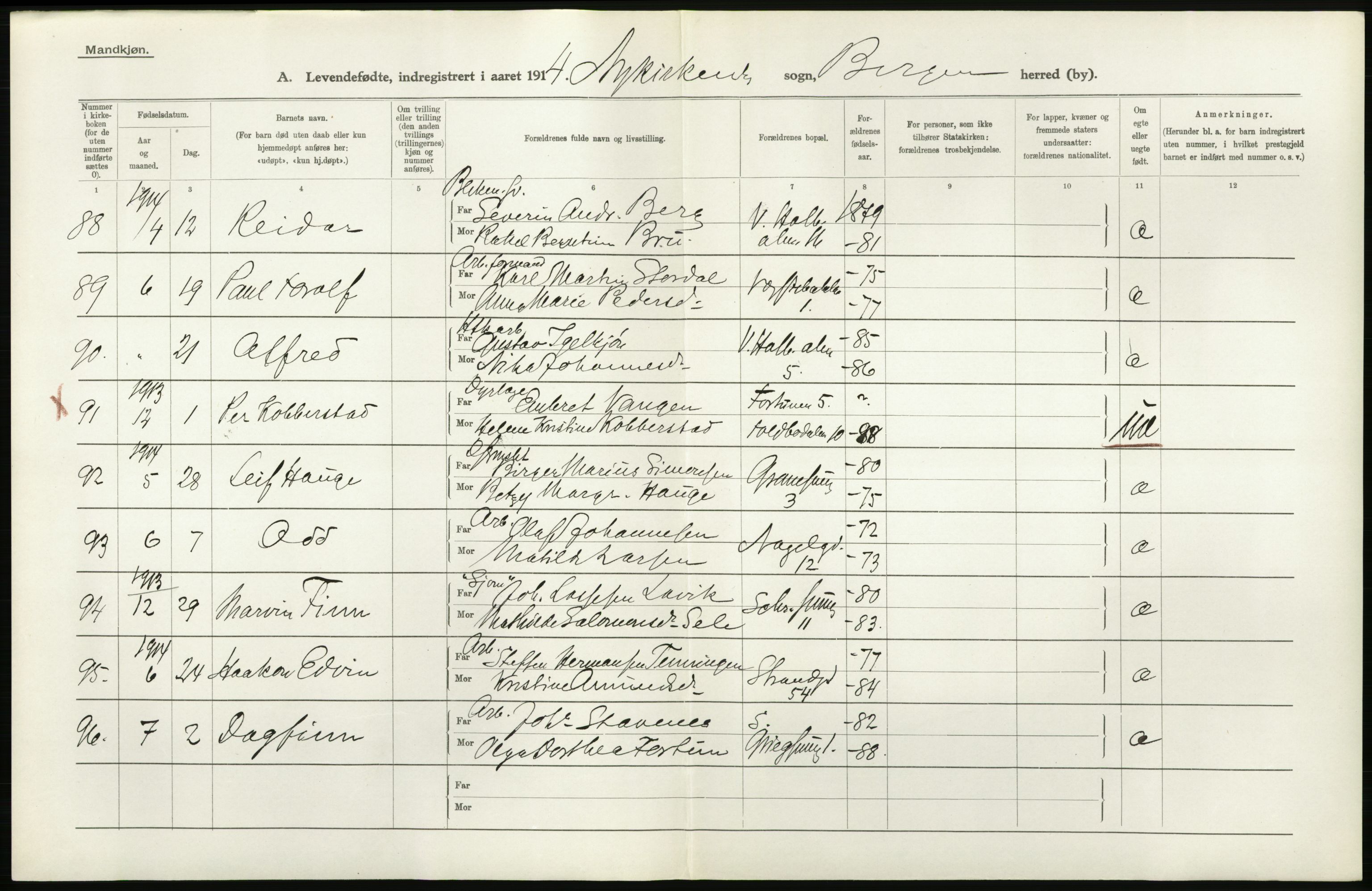 Statistisk sentralbyrå, Sosiodemografiske emner, Befolkning, AV/RA-S-2228/D/Df/Dfb/Dfbd/L0030: Bergen: Levendefødte menn og kvinner., 1914, p. 22