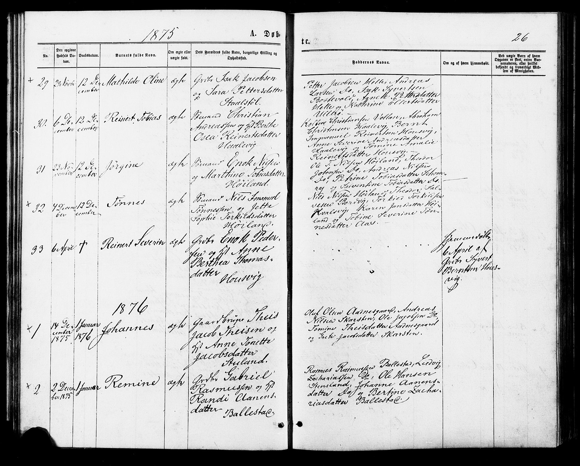 Lyngdal sokneprestkontor, SAK/1111-0029/F/Fa/Faa/L0003: Parish register (official) no. A 3, 1871-1882, p. 26