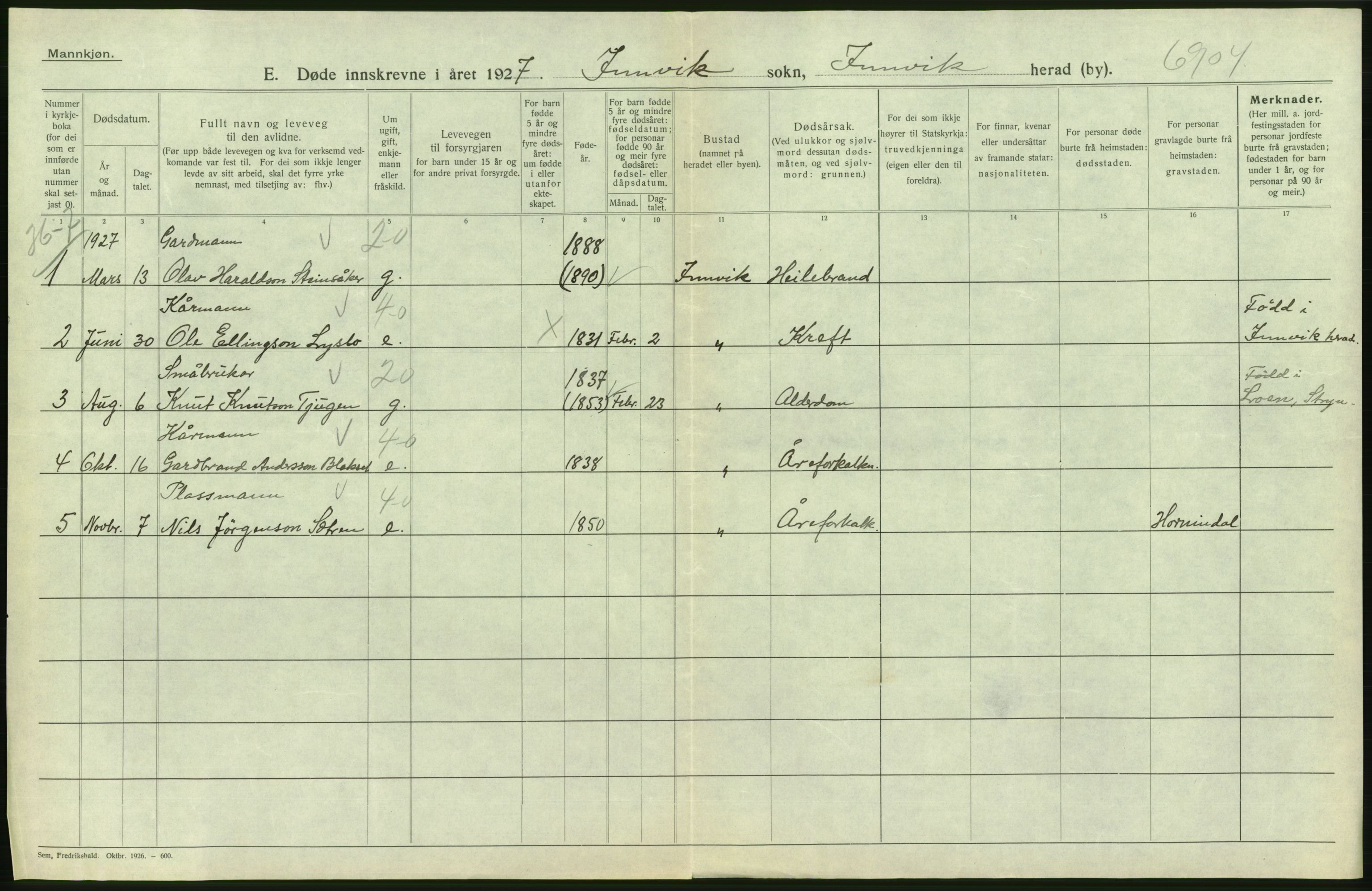 Statistisk sentralbyrå, Sosiodemografiske emner, Befolkning, AV/RA-S-2228/D/Df/Dfc/Dfcg/L0030: Sogn og Fjordane fylke: Gifte, døde. Bygder., 1927, p. 354