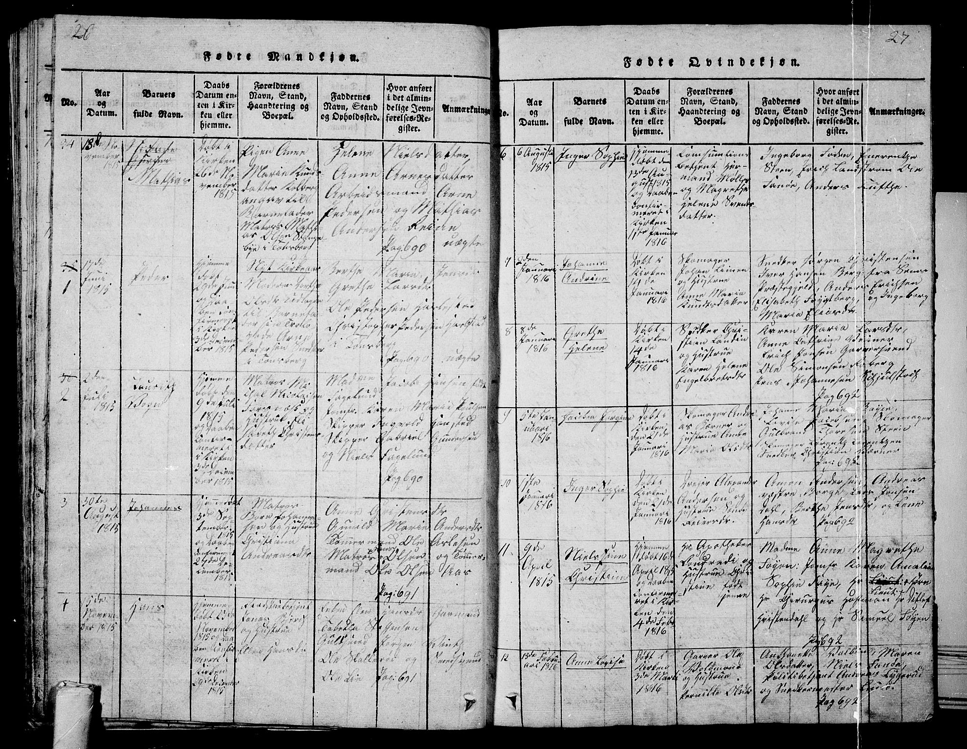 Tønsberg kirkebøker, SAKO/A-330/G/Ga/L0001: Parish register (copy) no. 1, 1813-1826, p. 26-27