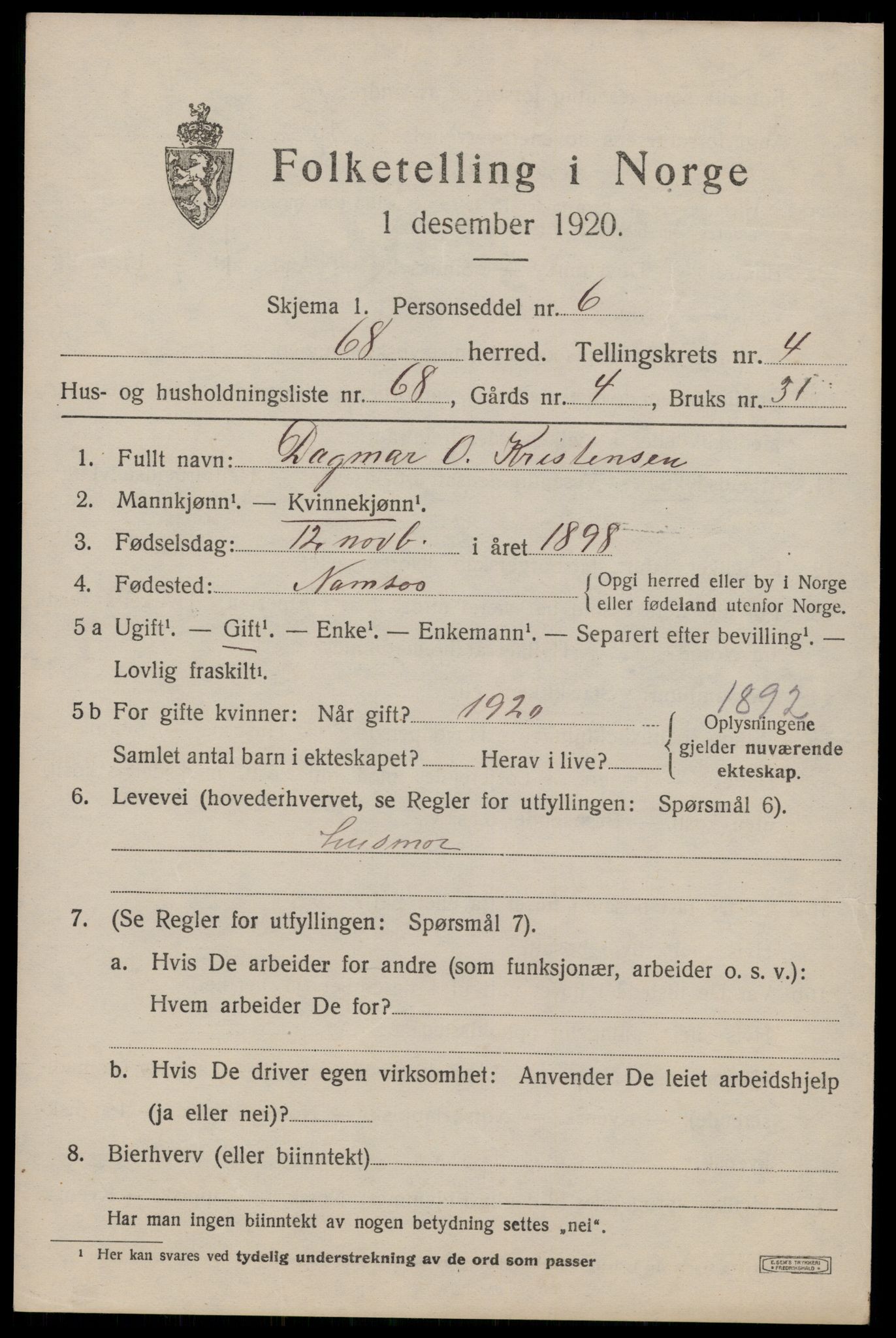 SAT, 1920 census for Egge, 1920, p. 3302