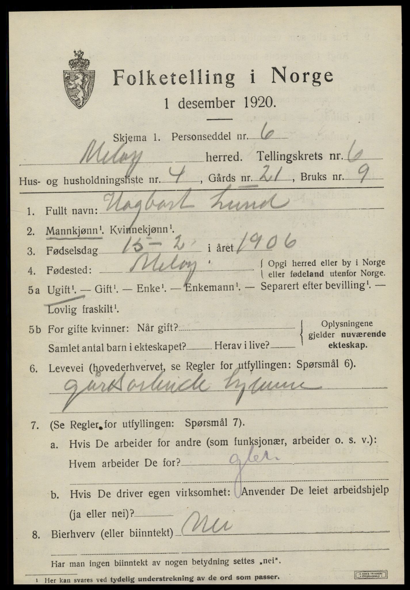 SAT, 1920 census for Meløy, 1920, p. 3445