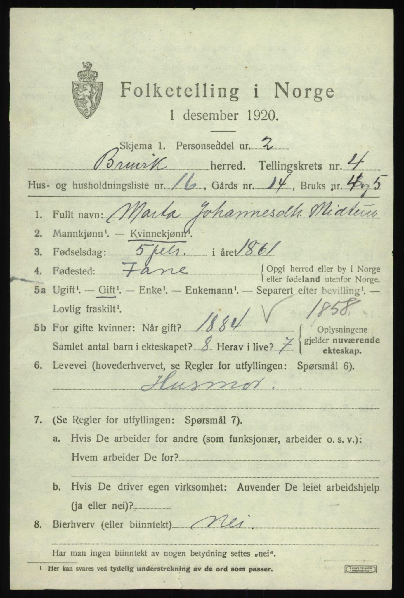 SAB, 1920 census for Bruvik, 1920, p. 2632