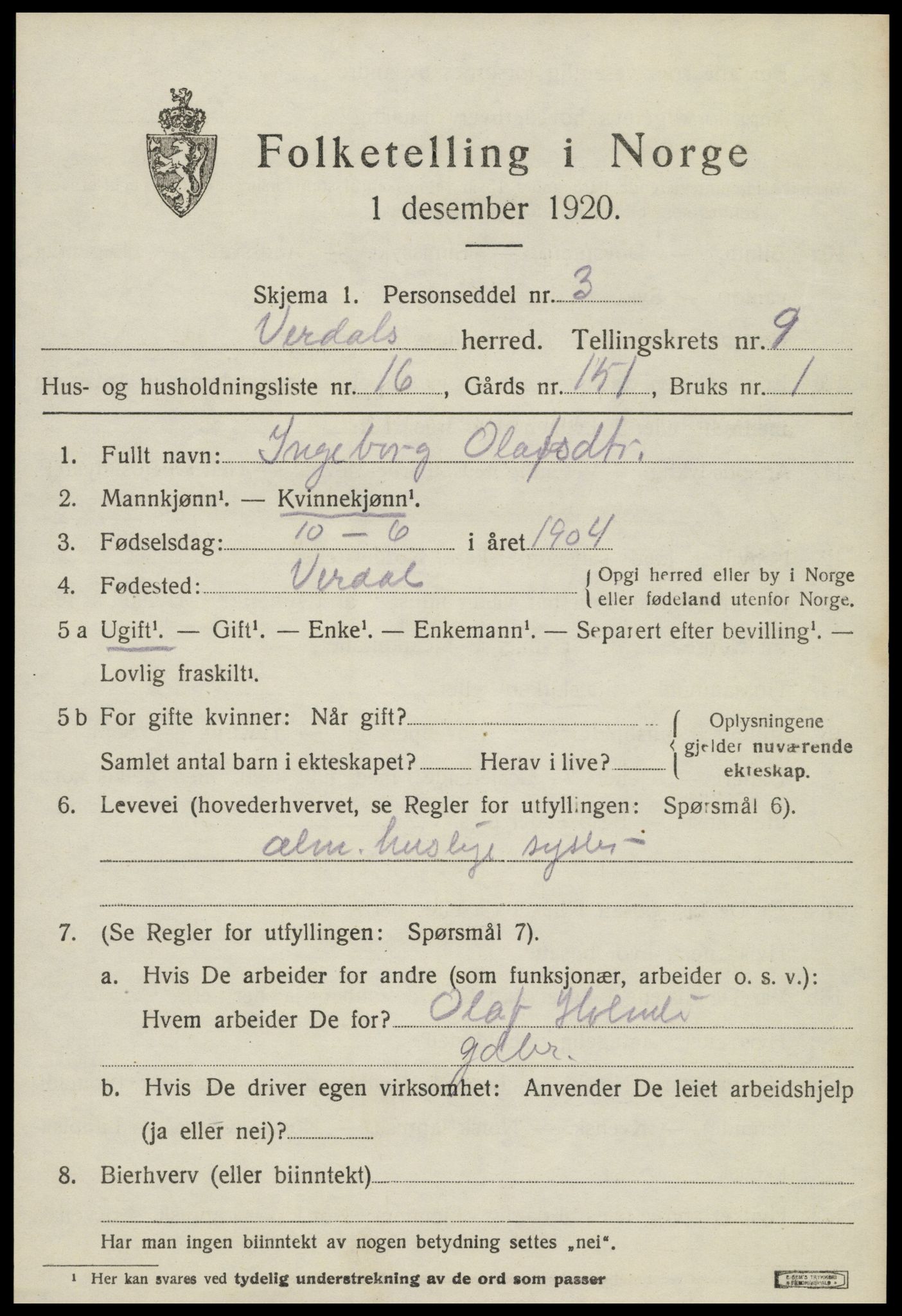 SAT, 1920 census for Verdal, 1920, p. 11571