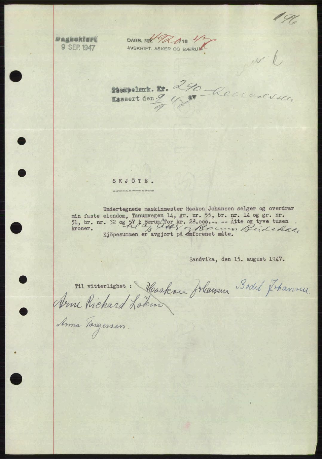 Aker herredsskriveri, AV/SAO-A-10896/G/Gb/Gbb/Gbbb/L0039: Mortgage book no. A85, 1947-1947, Diary no: : 4920/1947