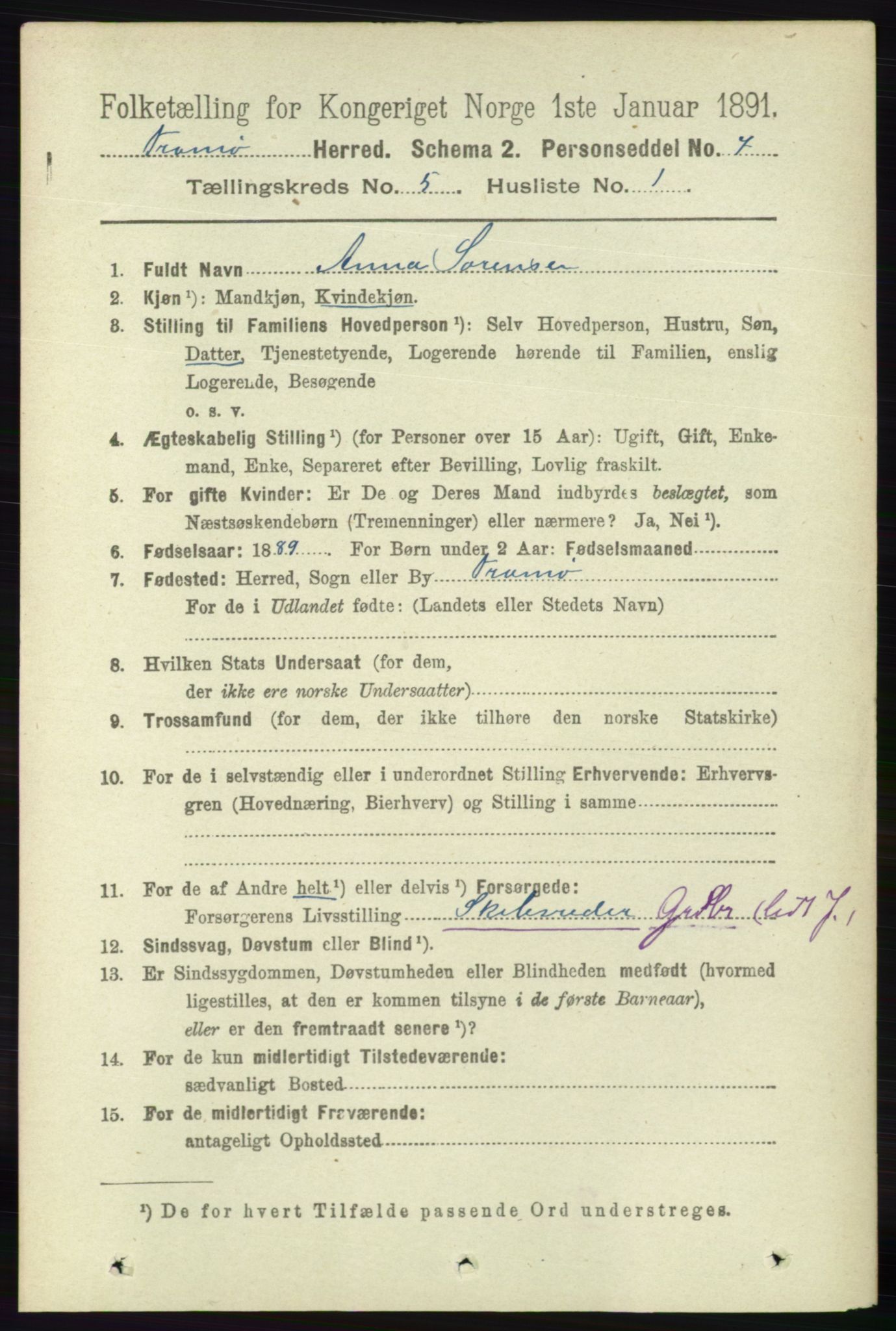 RA, 1891 census for 0921 Tromøy, 1891, p. 2198