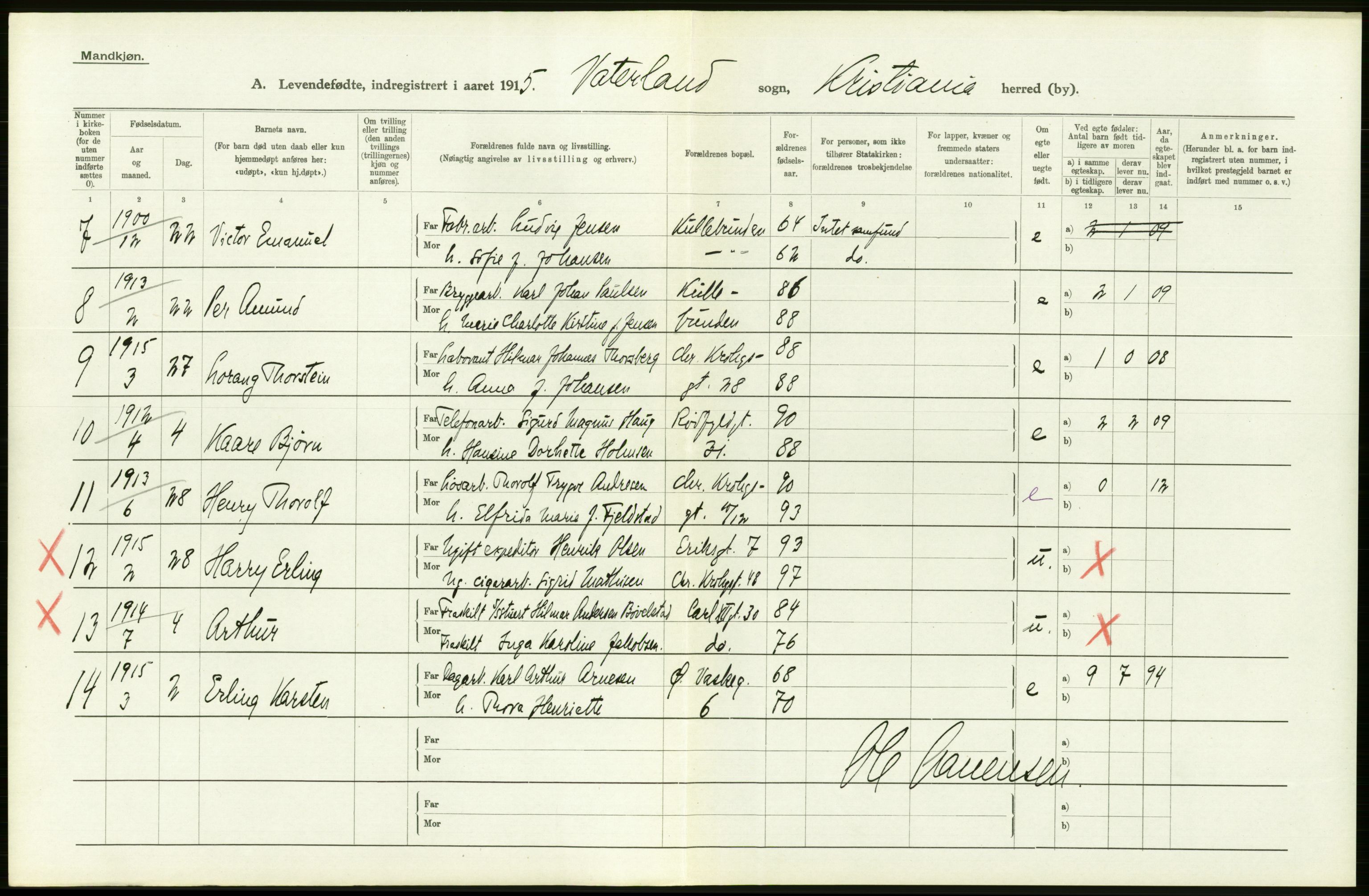 Statistisk sentralbyrå, Sosiodemografiske emner, Befolkning, RA/S-2228/D/Df/Dfb/Dfbe/L0006: Kristiania: Levendefødte menn og kvinner., 1915, p. 324