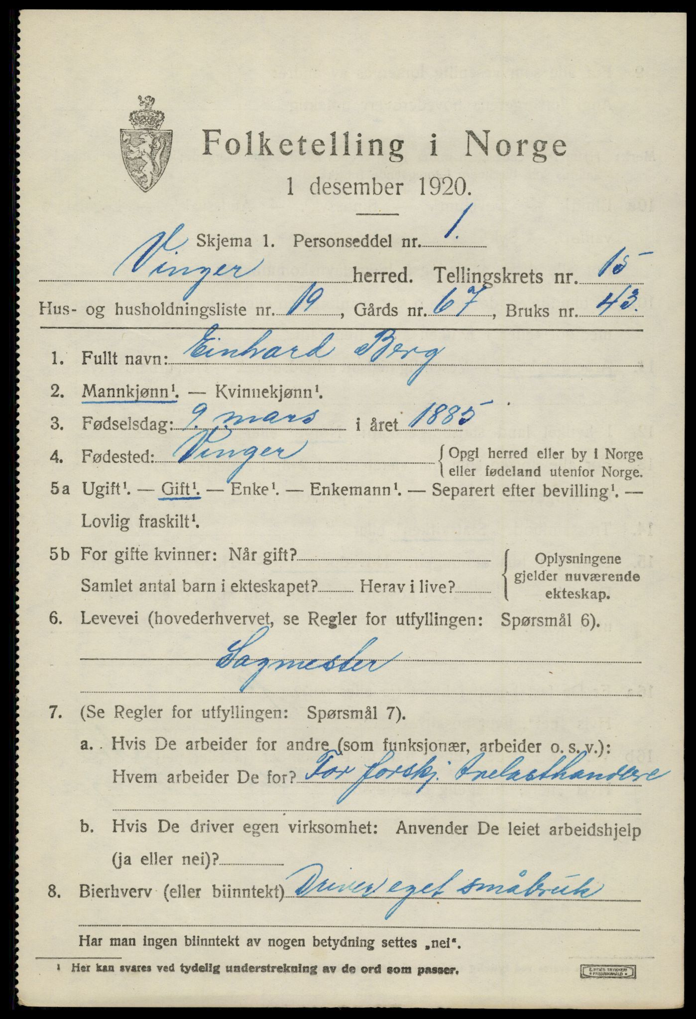 SAH, 1920 census for Vinger, 1920, p. 11890