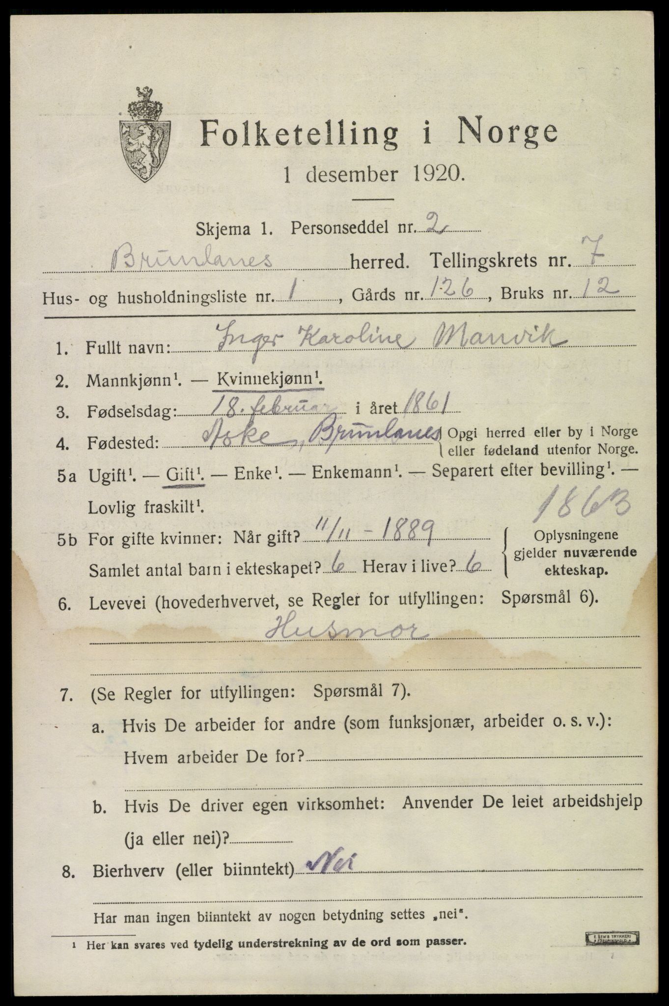 SAKO, 1920 census for Brunlanes, 1920, p. 7057