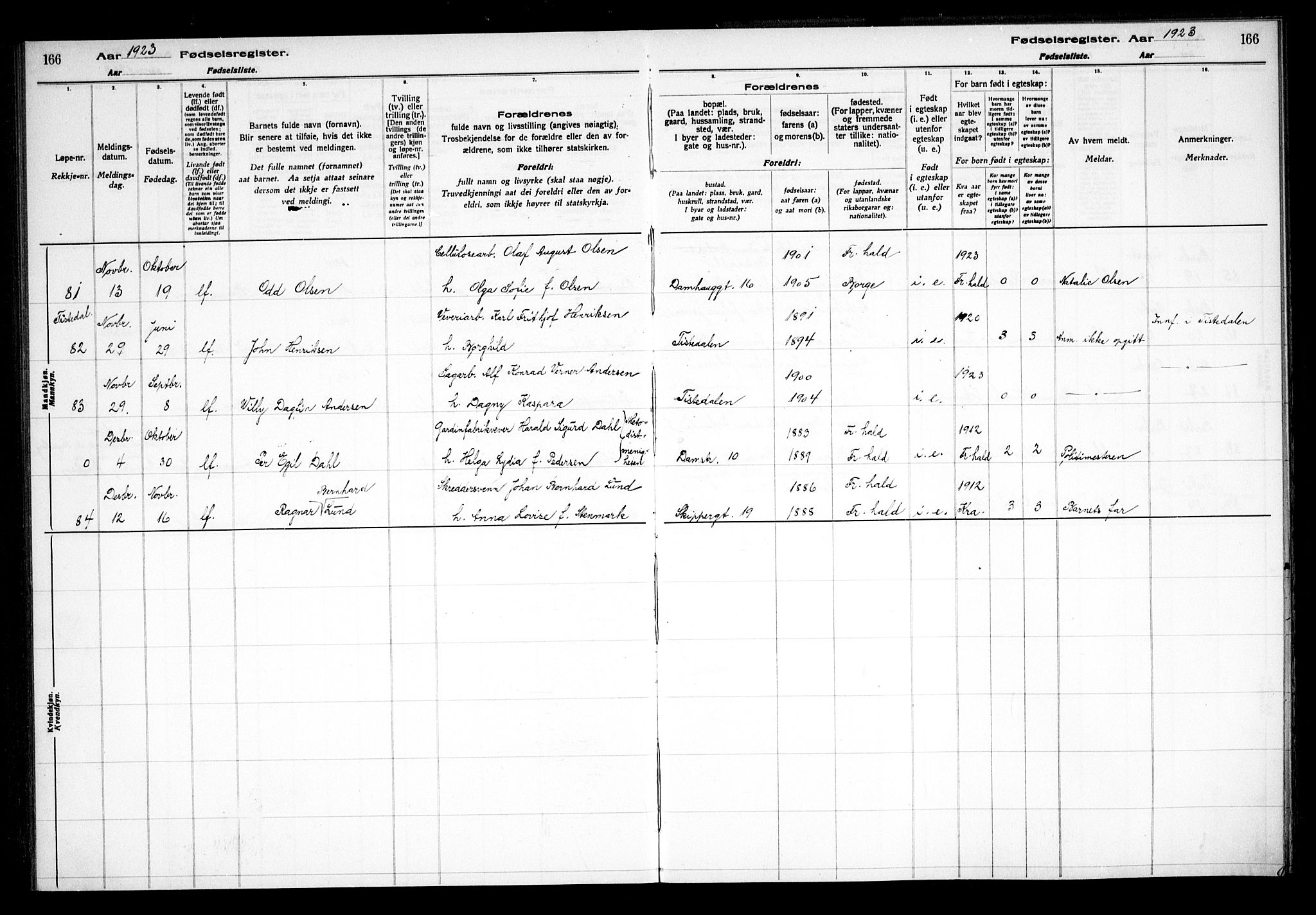 Halden prestekontor Kirkebøker, AV/SAO-A-10909/J/Ja/L0001: Birth register no. I 1, 1916-1925, p. 166