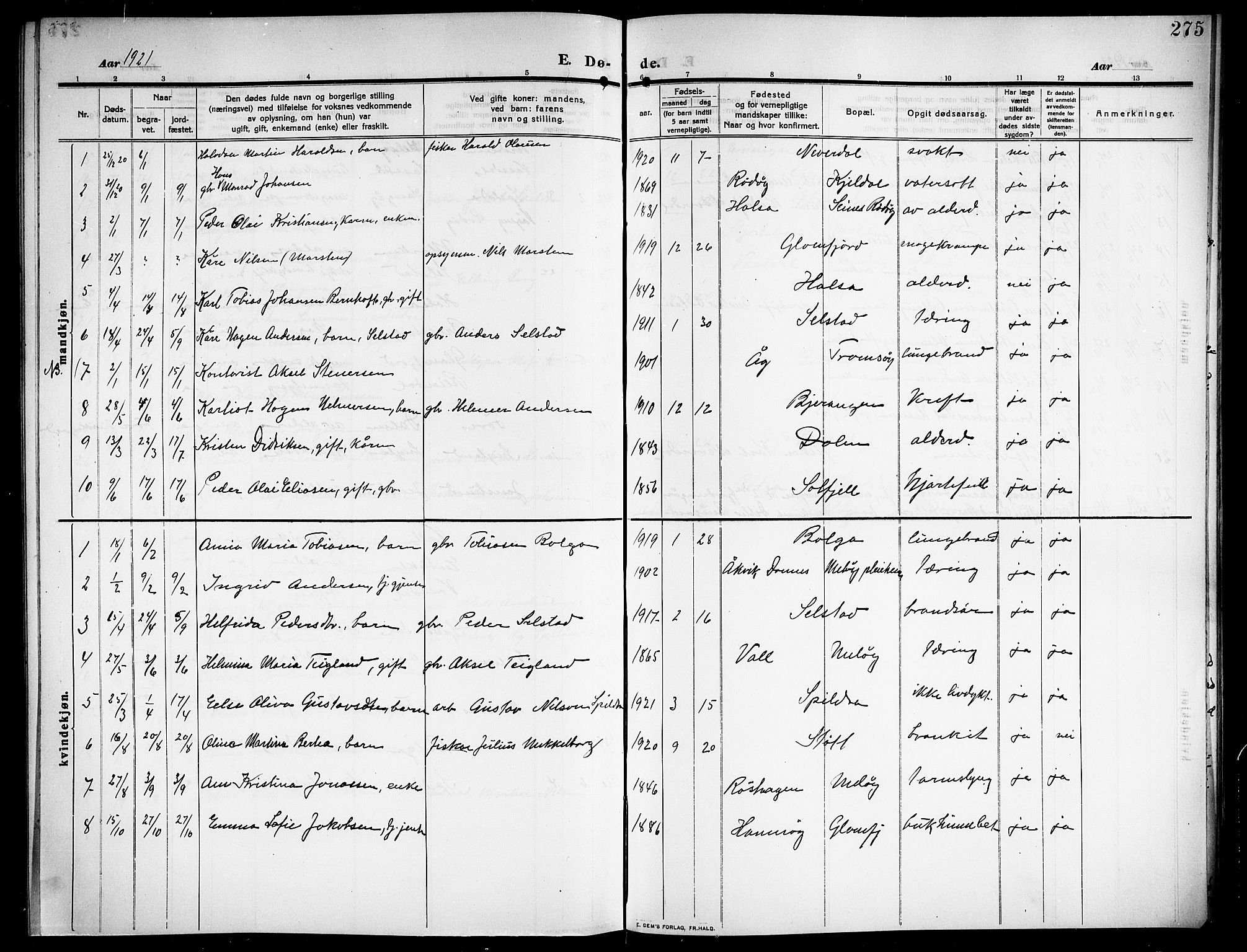 Ministerialprotokoller, klokkerbøker og fødselsregistre - Nordland, SAT/A-1459/843/L0639: Parish register (copy) no. 843C08, 1908-1924, p. 275