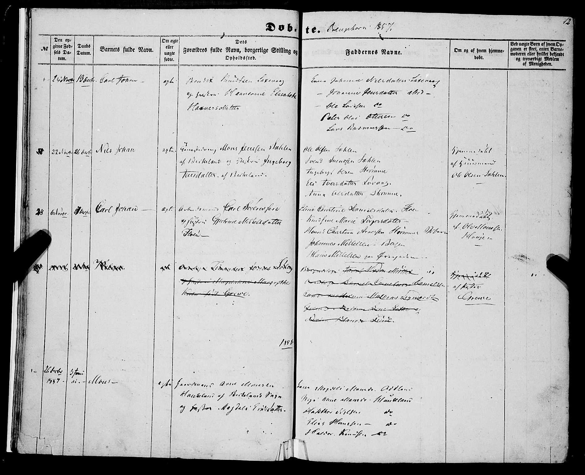 St. Jørgens hospital og Årstad sokneprestembete, AV/SAB-A-99934: Parish register (official) no. A 5, 1857-1869, p. 12