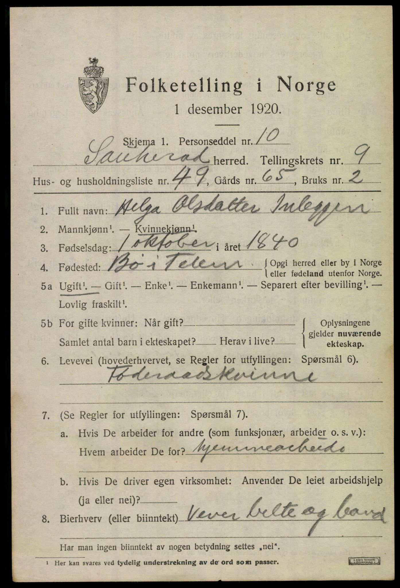 SAKO, 1920 census for Sauherad, 1920, p. 7353