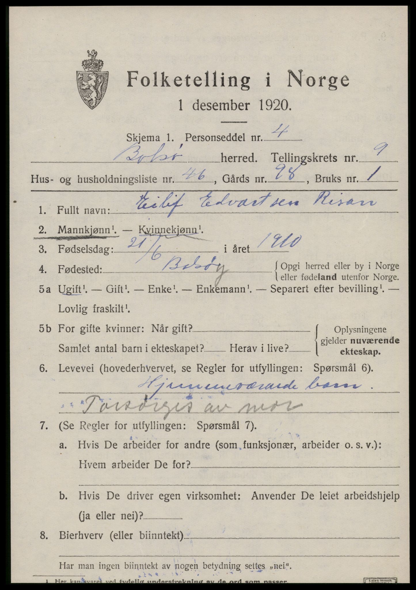 SAT, 1920 census for Bolsøy, 1920, p. 10413