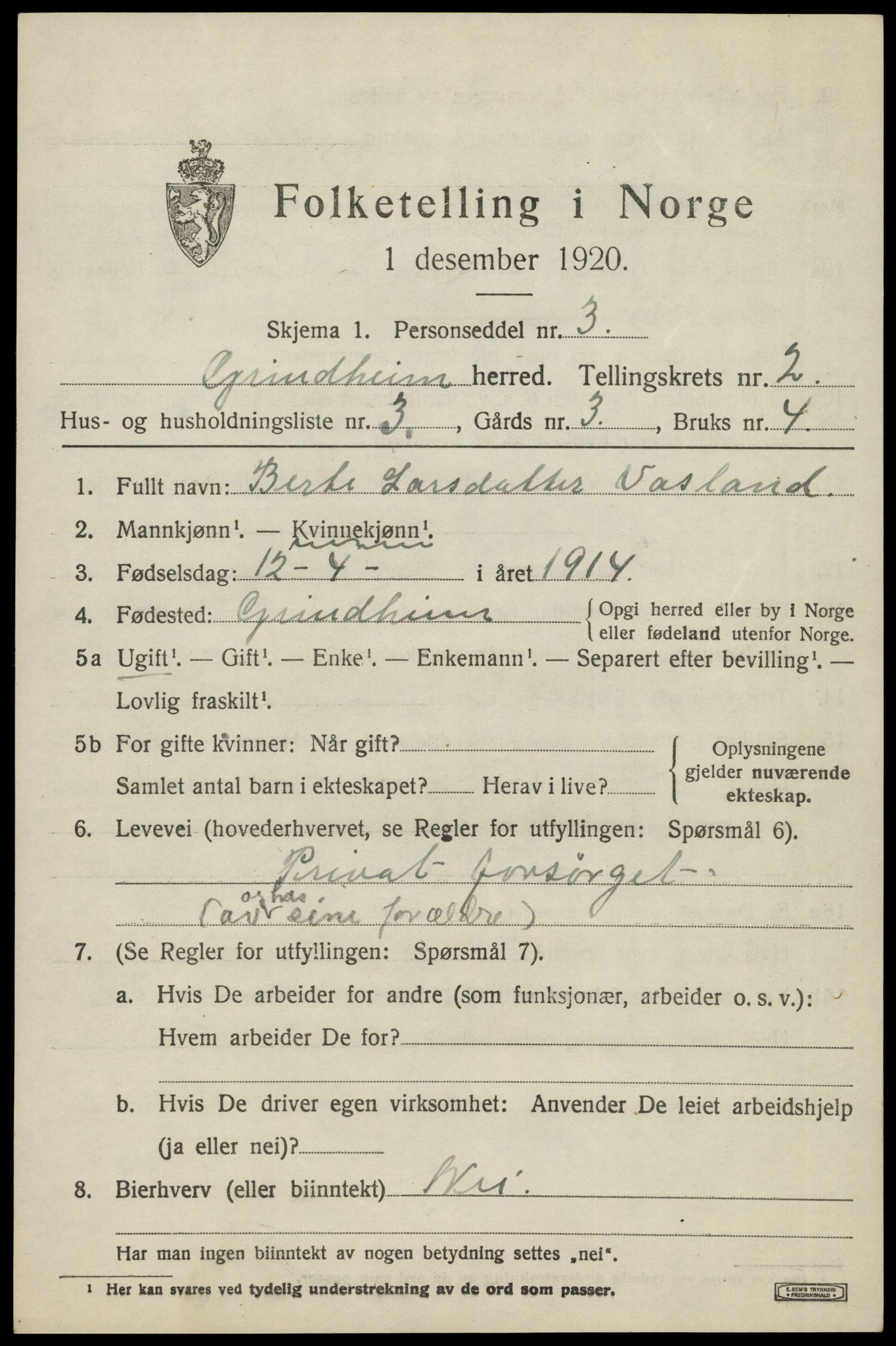 SAK, 1920 census for Grindheim, 1920, p. 581