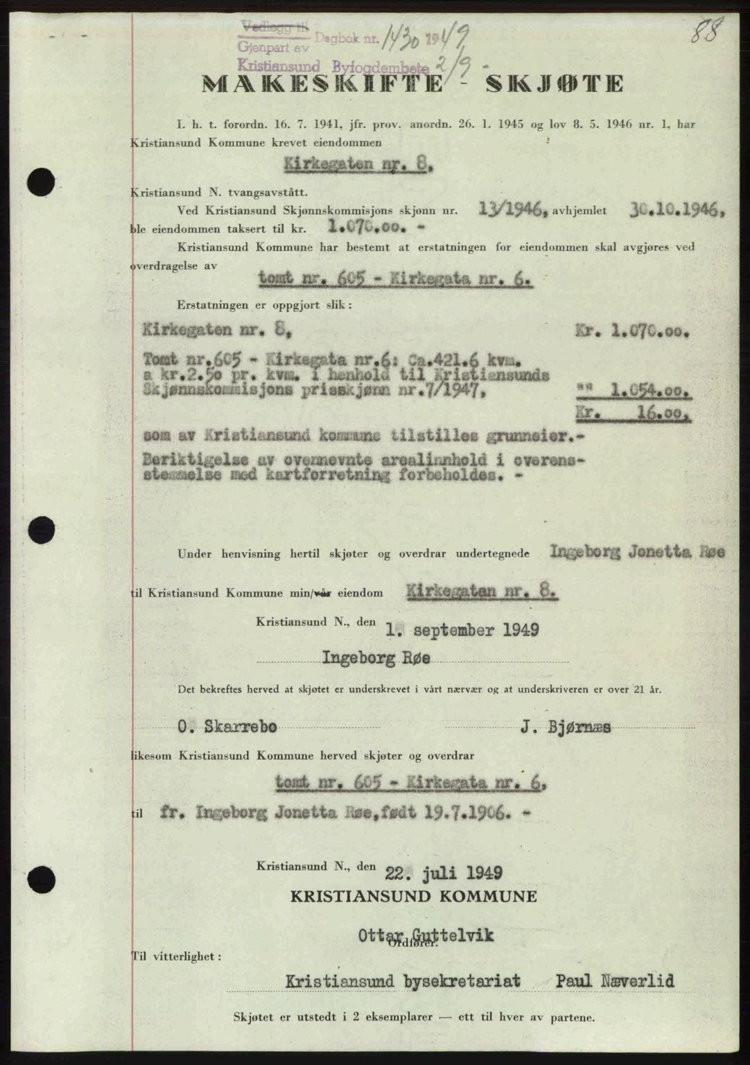 Kristiansund byfogd, AV/SAT-A-4587/A/27: Mortgage book no. 46, 1949-1950, Diary no: : 1430/1949