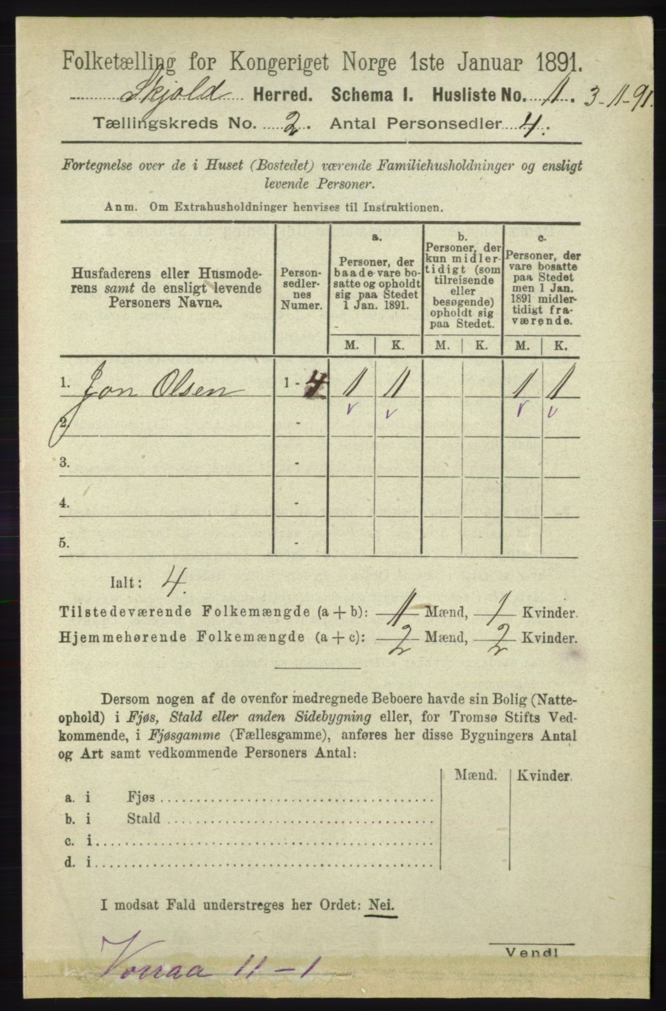 RA, 1891 census for 1154 Skjold, 1891, p. 265