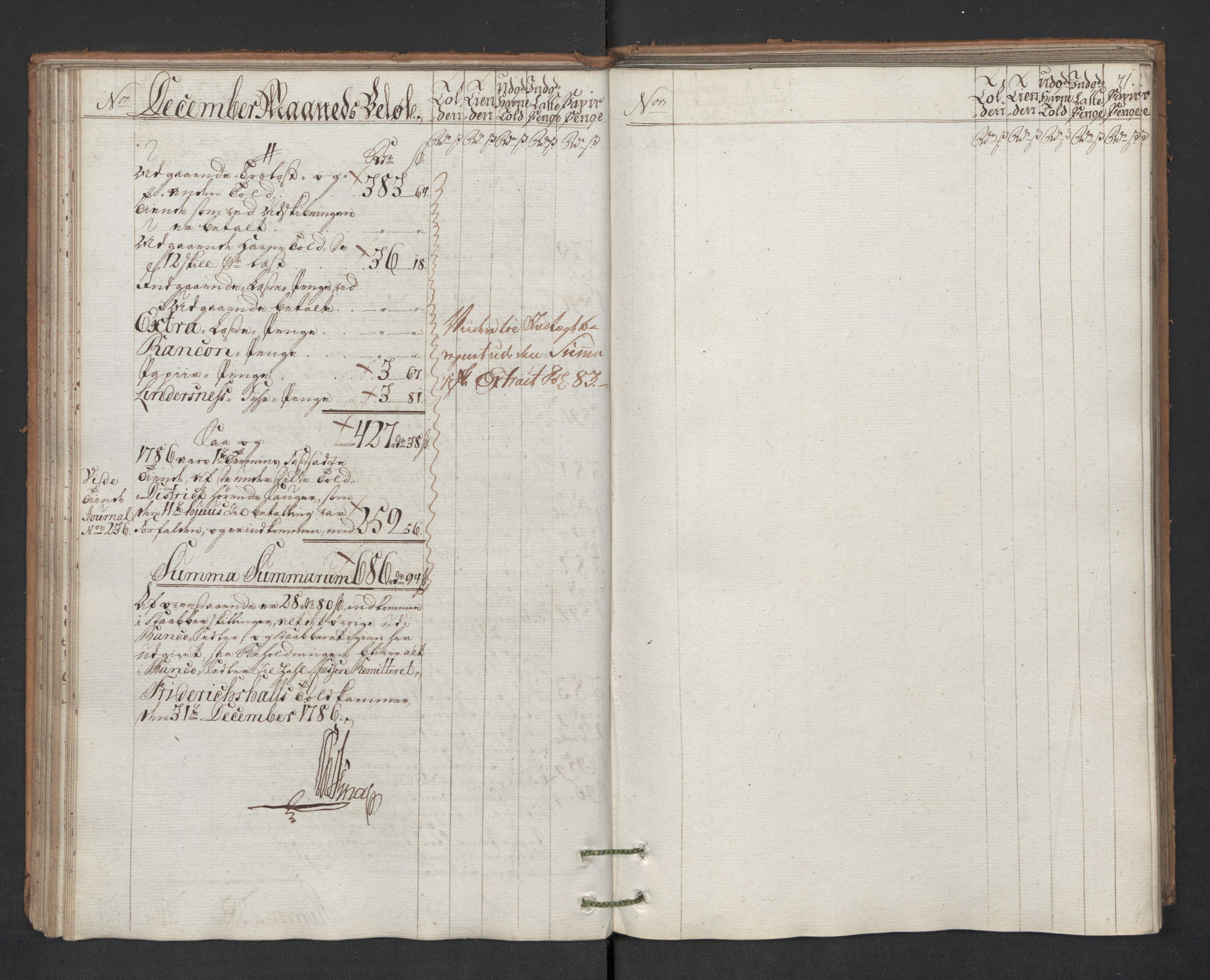 Generaltollkammeret, tollregnskaper, AV/RA-EA-5490/R01/L0131/0001: Tollregnskaper Fredrikshald / Utgående hovedtollbok, 1786, p. 70b-71a