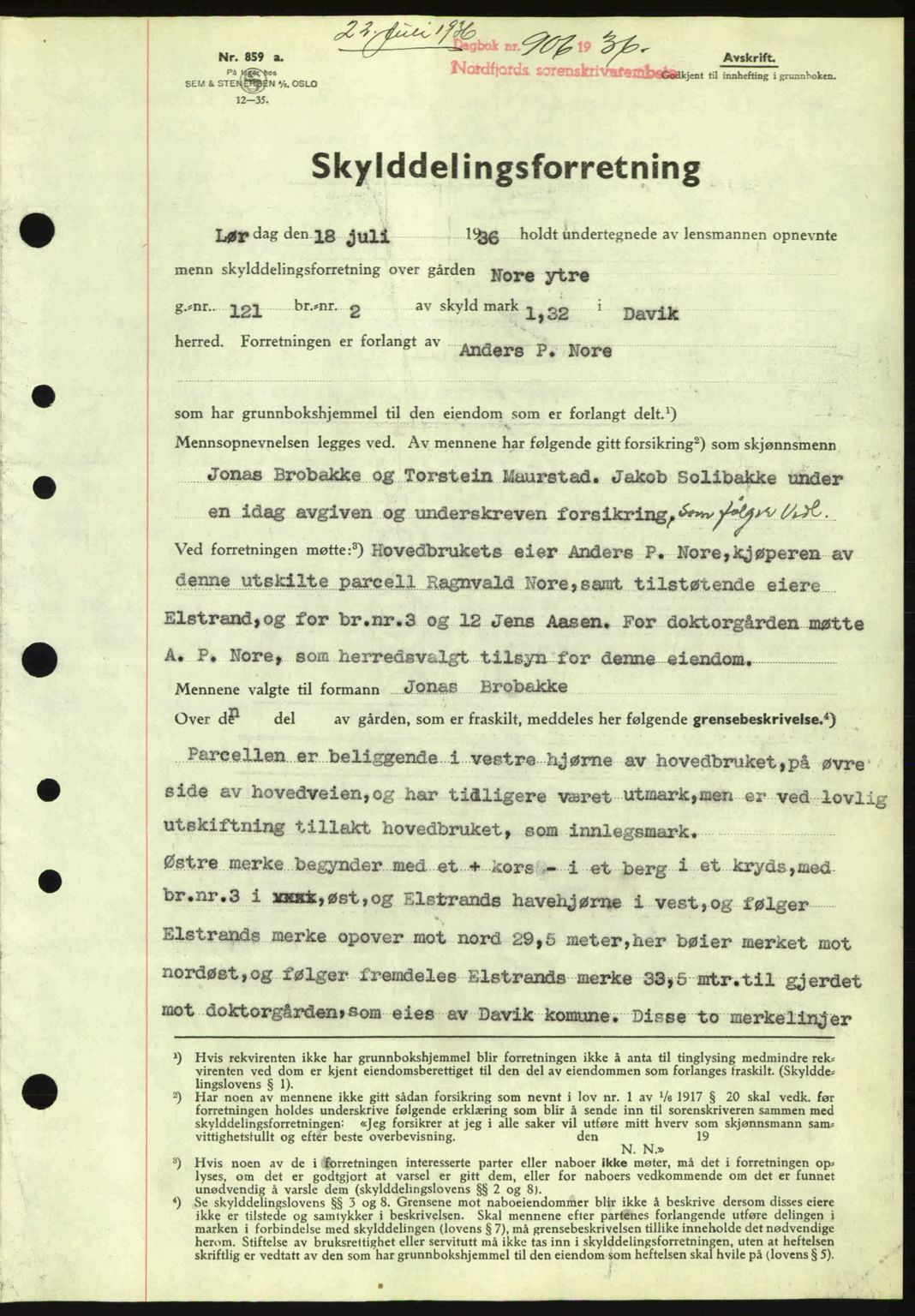 Nordfjord sorenskriveri, AV/SAB-A-2801/02/02b/02bj/L0001: Mortgage book no. A1, 1936-1937, Diary no: : 906/1936