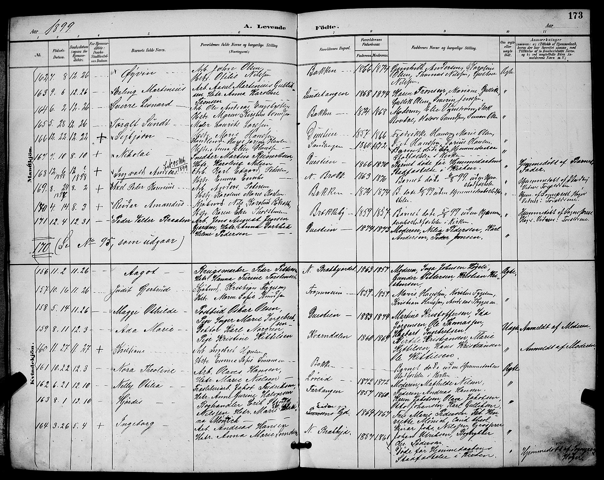 Skien kirkebøker, SAKO/A-302/G/Ga/L0007: Parish register (copy) no. 7, 1891-1900, p. 173