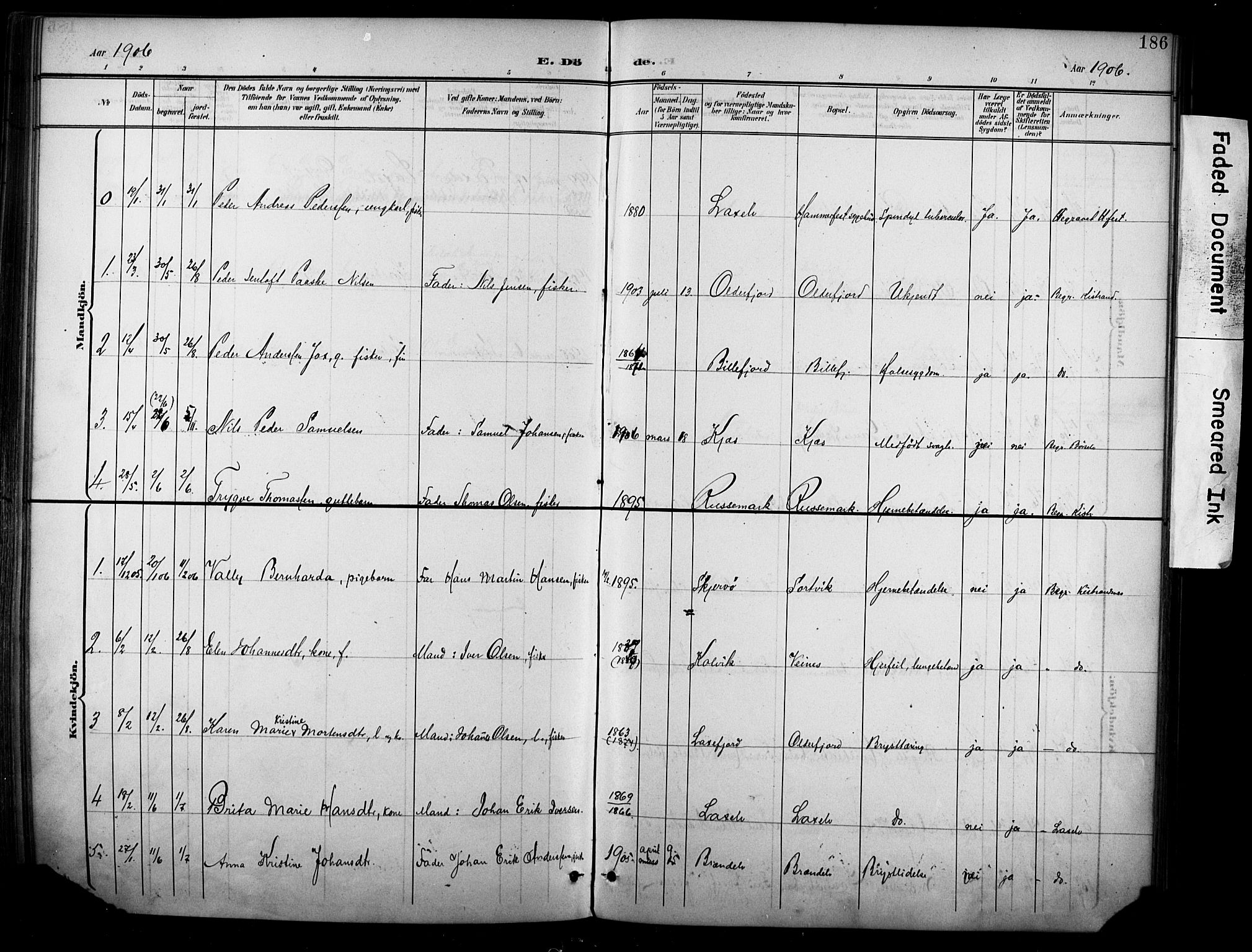 Kistrand/Porsanger sokneprestembete, SATØ/S-1351/H/Ha/L0013.kirke: Parish register (official) no. 13, 1899-1907, p. 186