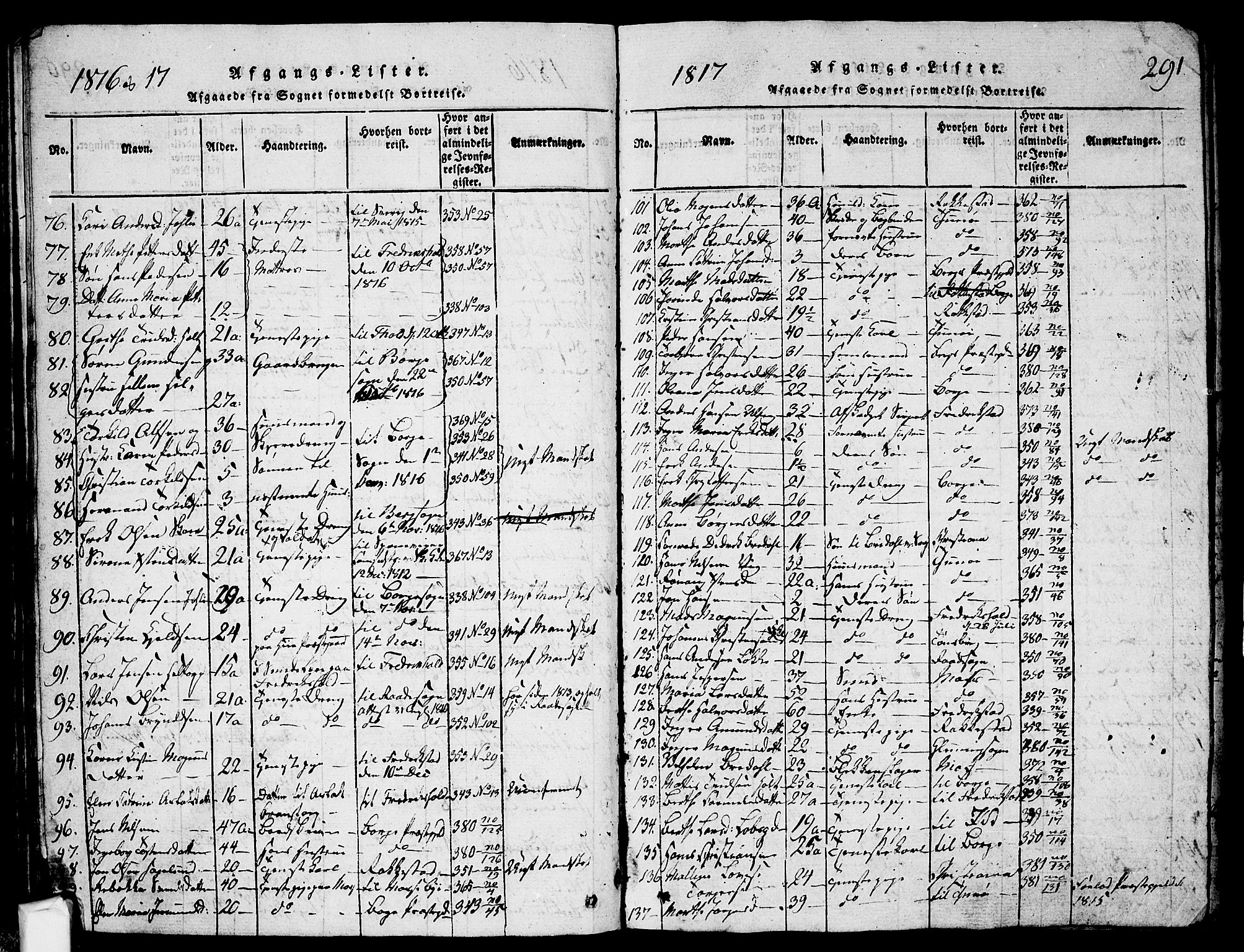 Skjeberg prestekontor Kirkebøker, SAO/A-10923/G/Ga/L0001: Parish register (copy) no. I 1, 1815-1830, p. 291