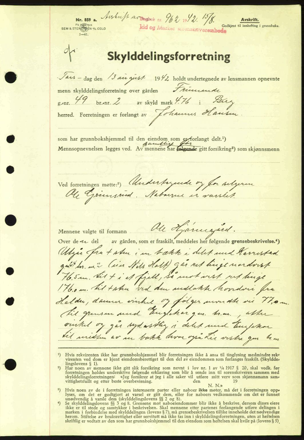 Idd og Marker sorenskriveri, AV/SAO-A-10283/G/Gb/Gbb/L0005: Mortgage book no. A5, 1941-1943, Diary no: : 962/1942