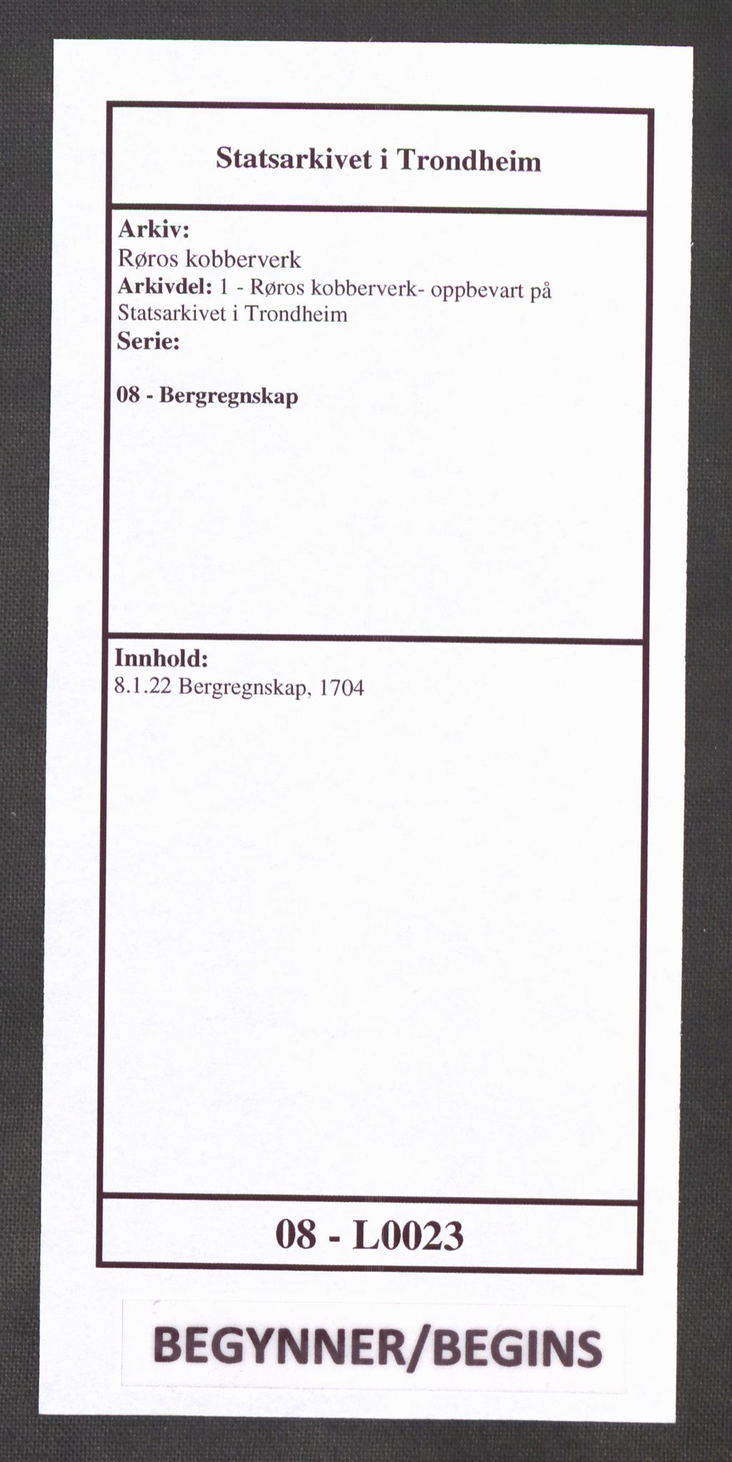 Røros kobberverk, SAT/PA-0211/1/08/L0023: 8.1.22 Bergregnskap, 1704