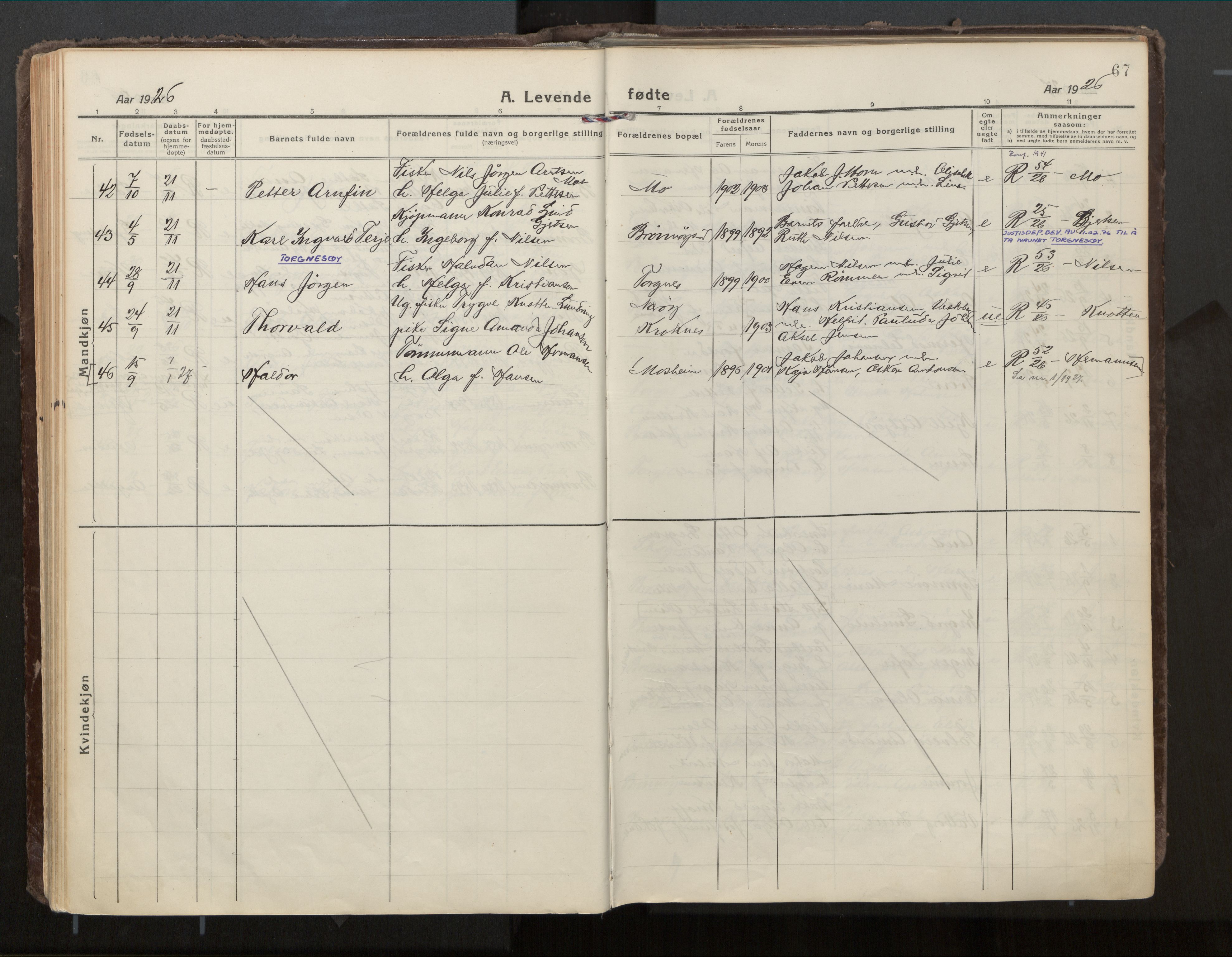 Ministerialprotokoller, klokkerbøker og fødselsregistre - Nordland, SAT/A-1459/813/L0207a: Parish register (official) no. 813A18, 1919-1927, p. 67