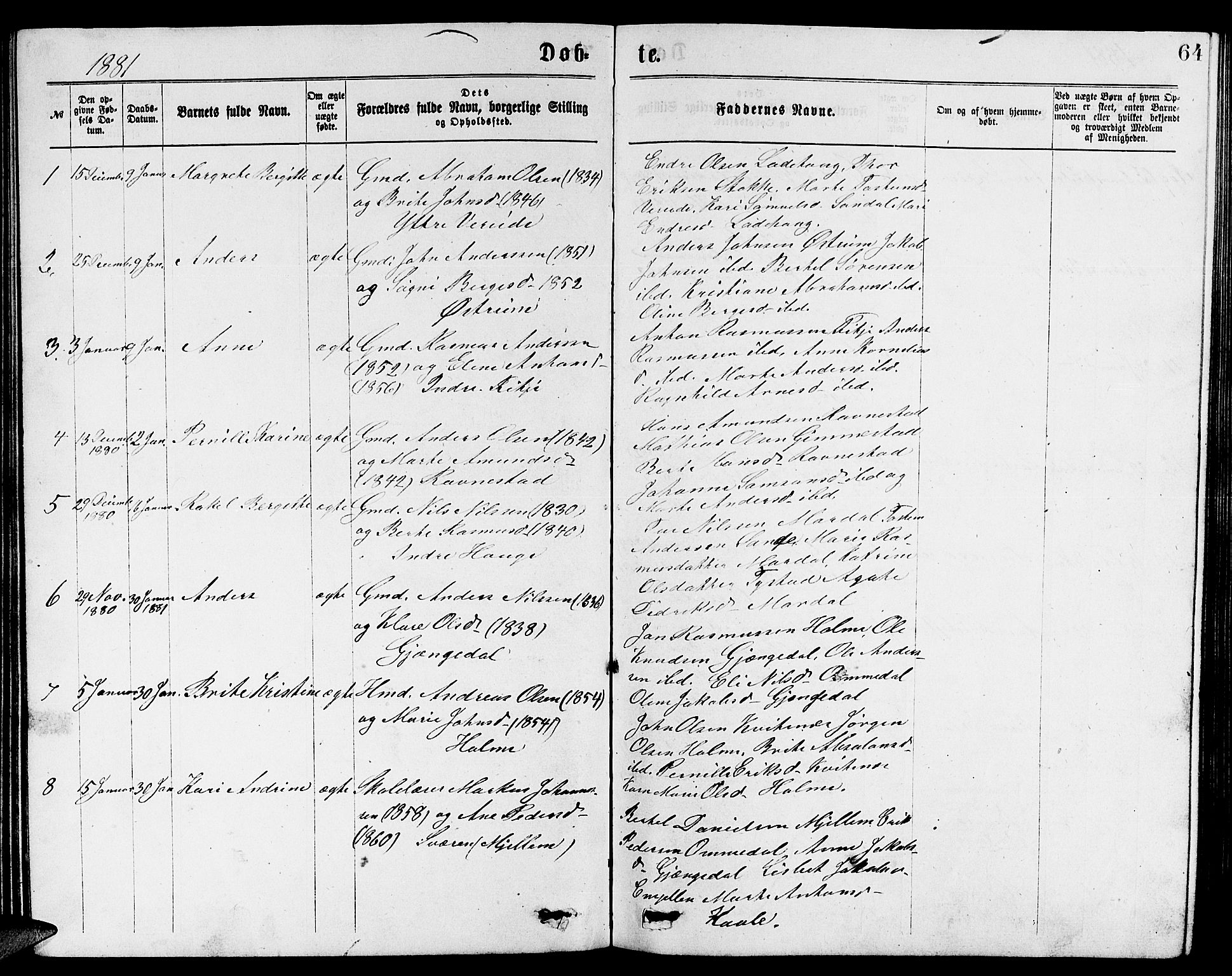 Gloppen sokneprestembete, SAB/A-80101/H/Hab/Habb/L0001: Parish register (copy) no. B 1, 1872-1888, p. 64