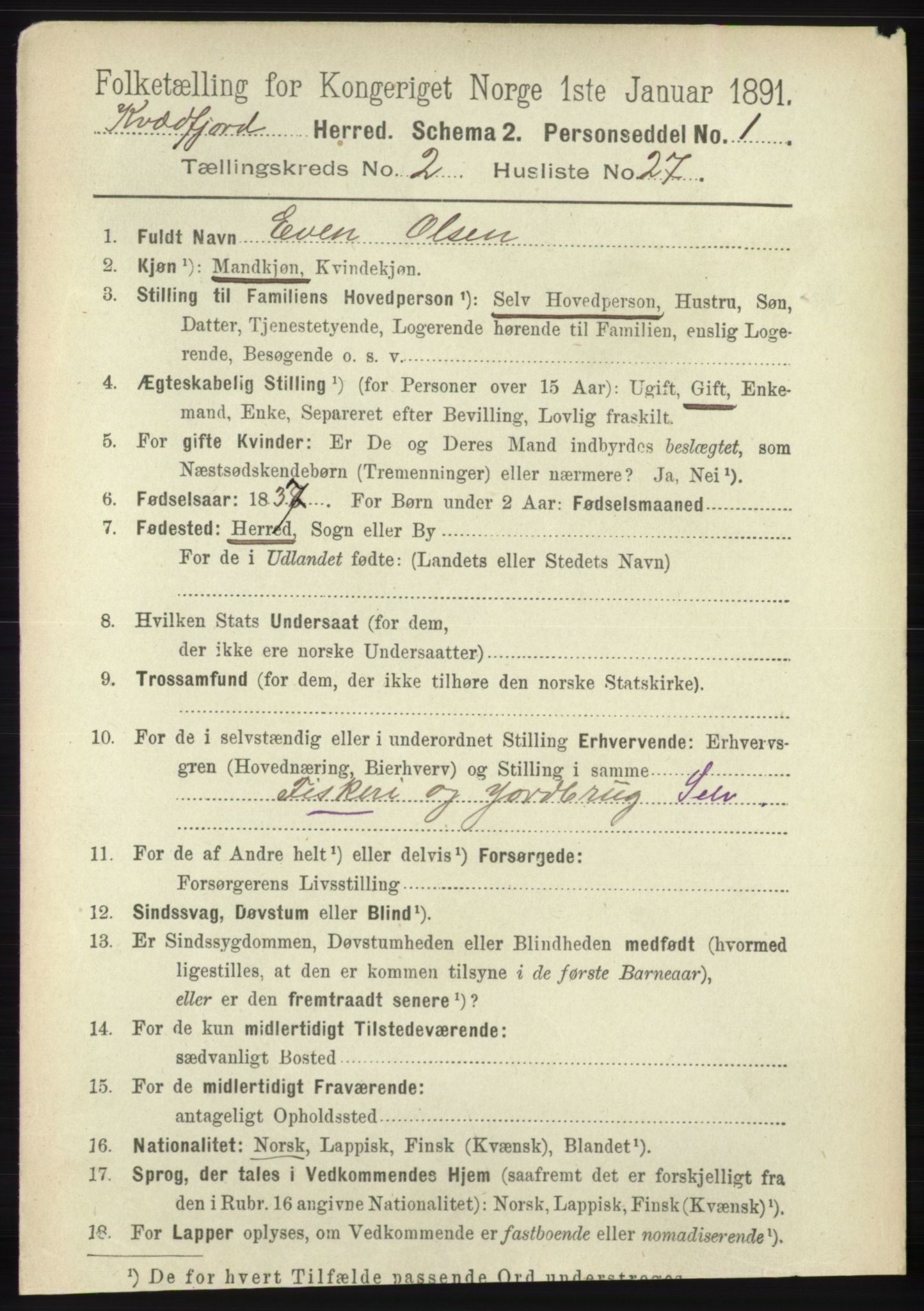 RA, 1891 census for 1911 Kvæfjord, 1891, p. 887