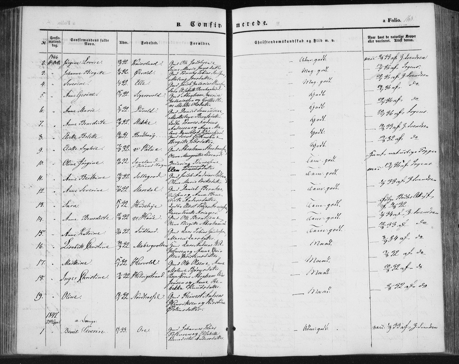 Lista sokneprestkontor, AV/SAK-1111-0027/F/Fa/L0010: Parish register (official) no. A 10, 1846-1861, p. 168