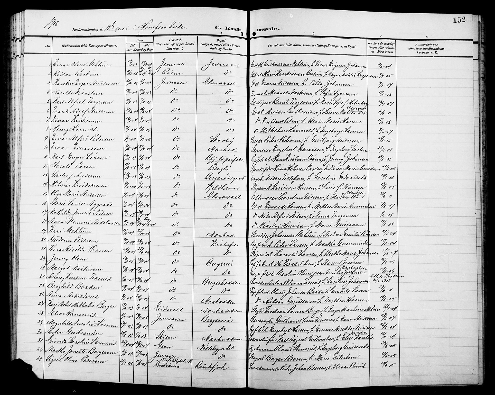 Jevnaker prestekontor, SAH/PREST-116/H/Ha/Hab/L0004: Parish register (copy) no. 4, 1907-1918, p. 152