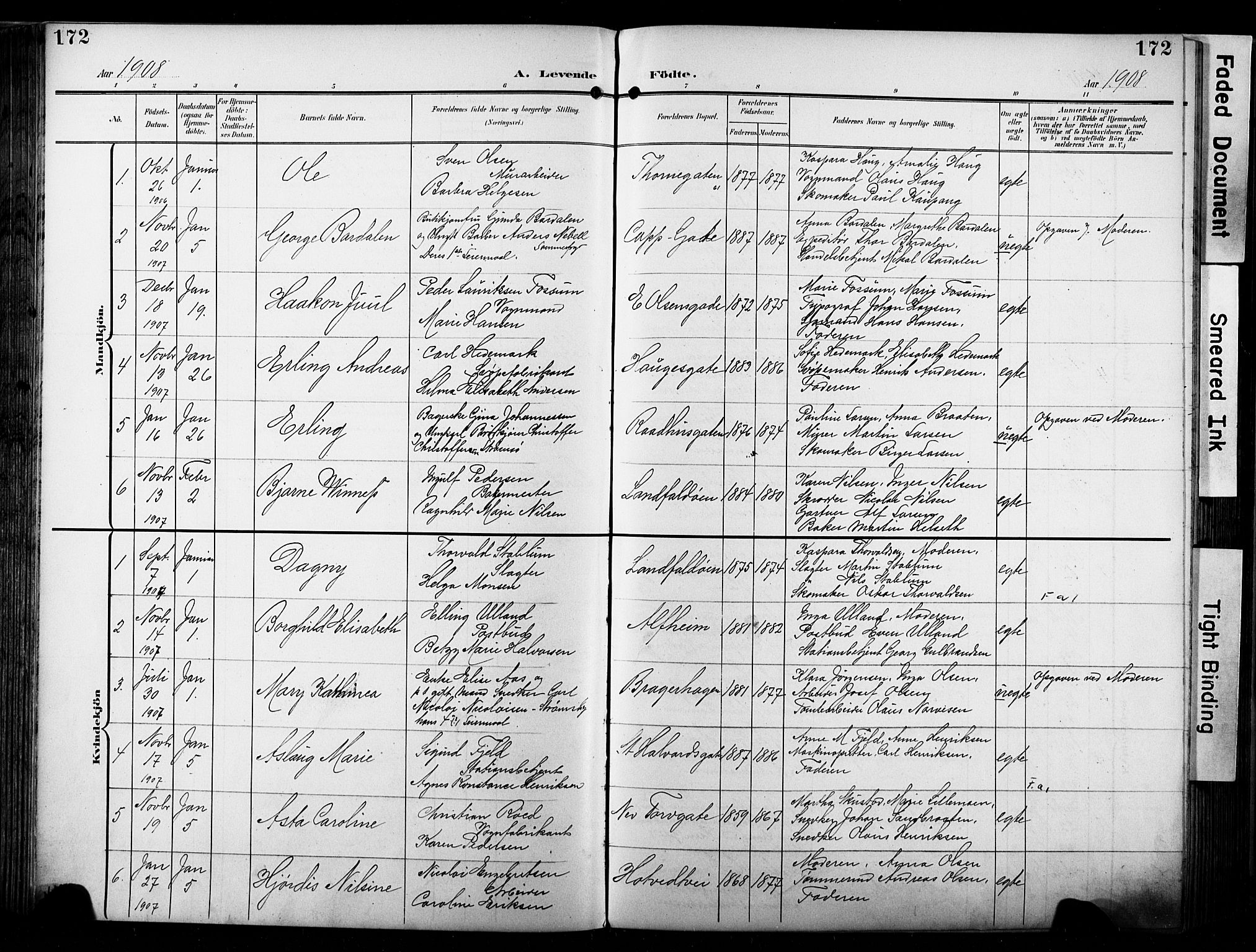 Bragernes kirkebøker, AV/SAKO-A-6/F/Fb/L0009: Parish register (official) no. II 9, 1902-1911, p. 172