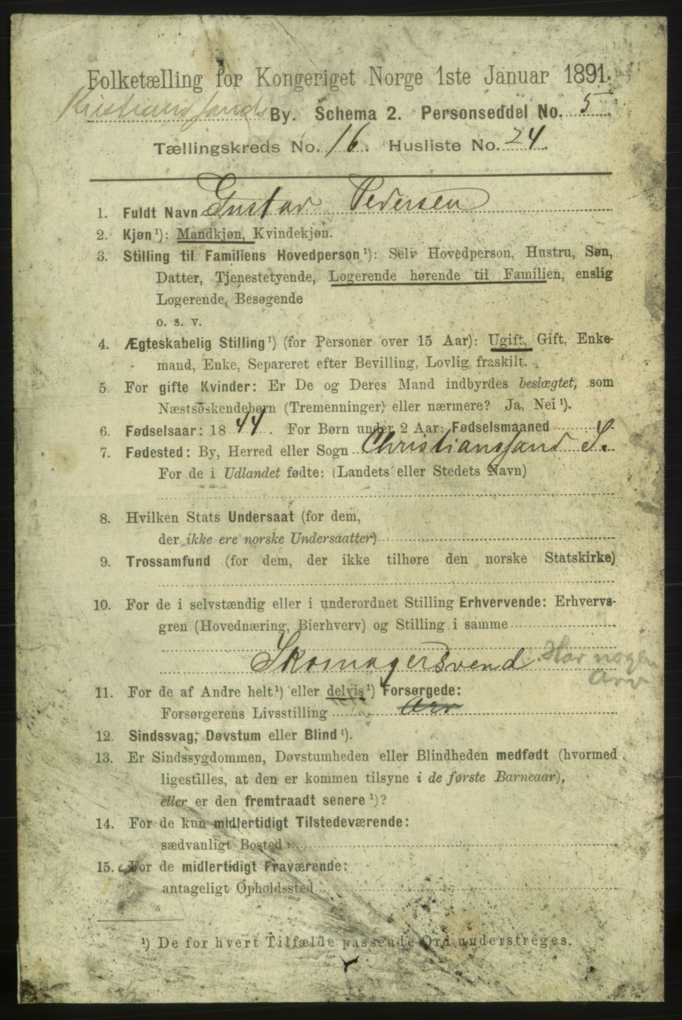 RA, 1891 census for 1001 Kristiansand, 1891, p. 6675