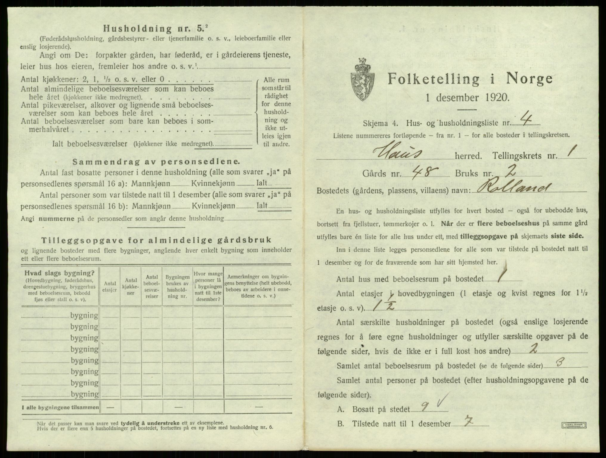 SAB, 1920 census for Haus, 1920, p. 71