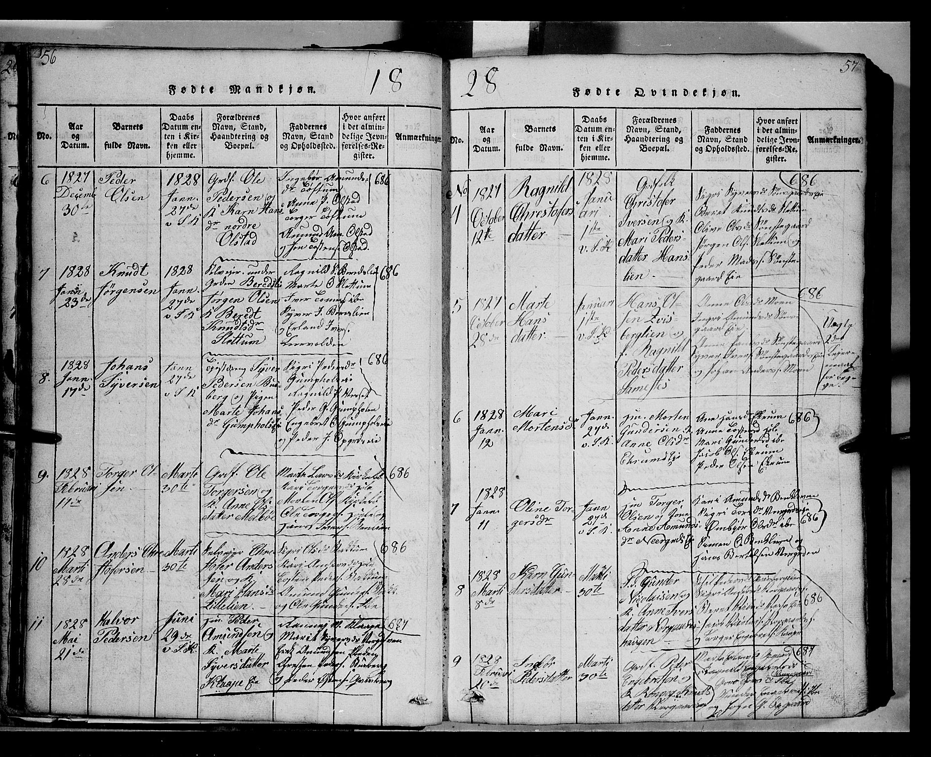 Gausdal prestekontor, SAH/PREST-090/H/Ha/Hab/L0002: Parish register (copy) no. 2, 1818-1874, p. 56-57