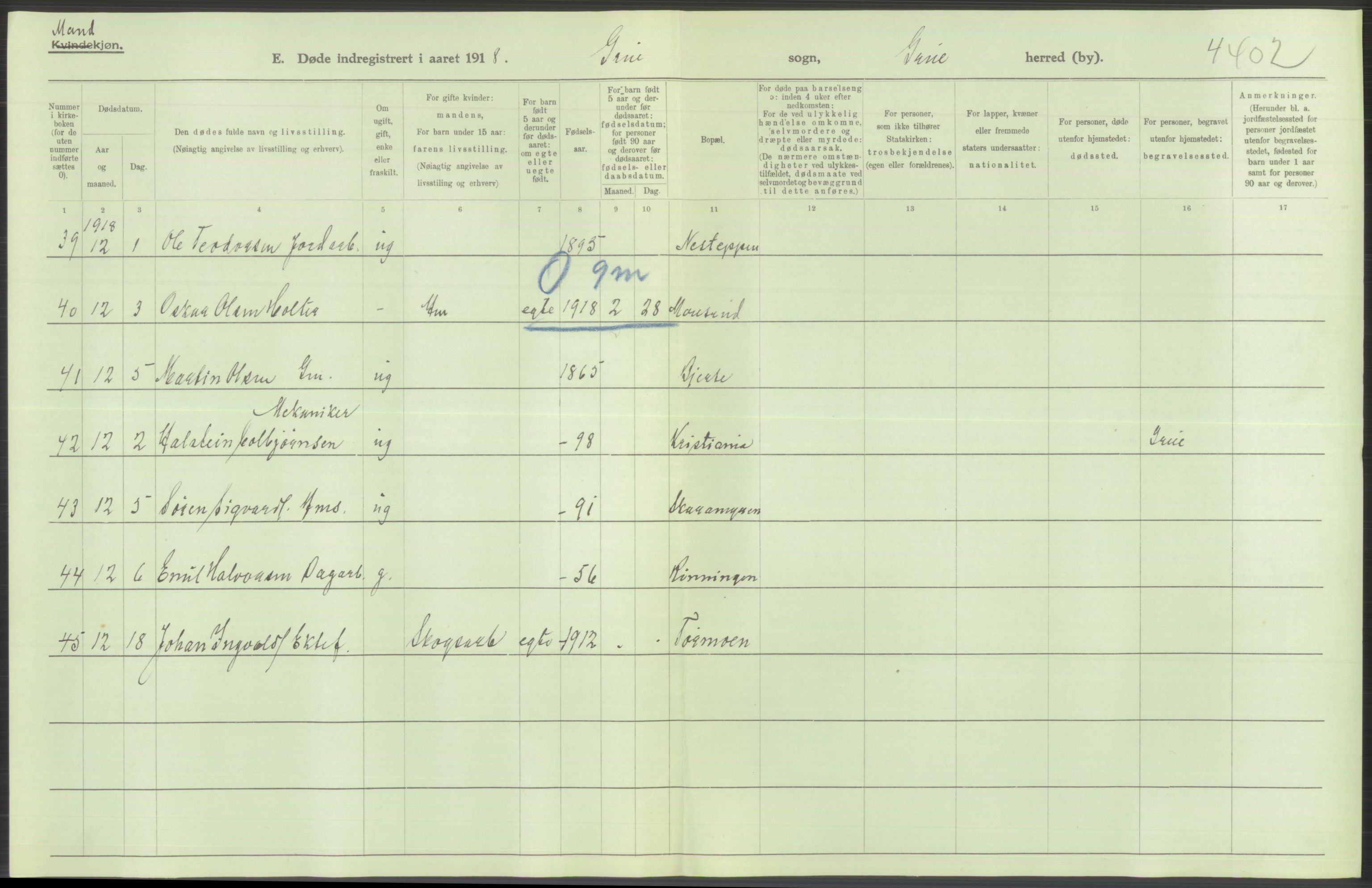 Statistisk sentralbyrå, Sosiodemografiske emner, Befolkning, RA/S-2228/D/Df/Dfb/Dfbh/L0014: Hedemarkens fylke: Døde. Bygder og byer., 1918, p. 506