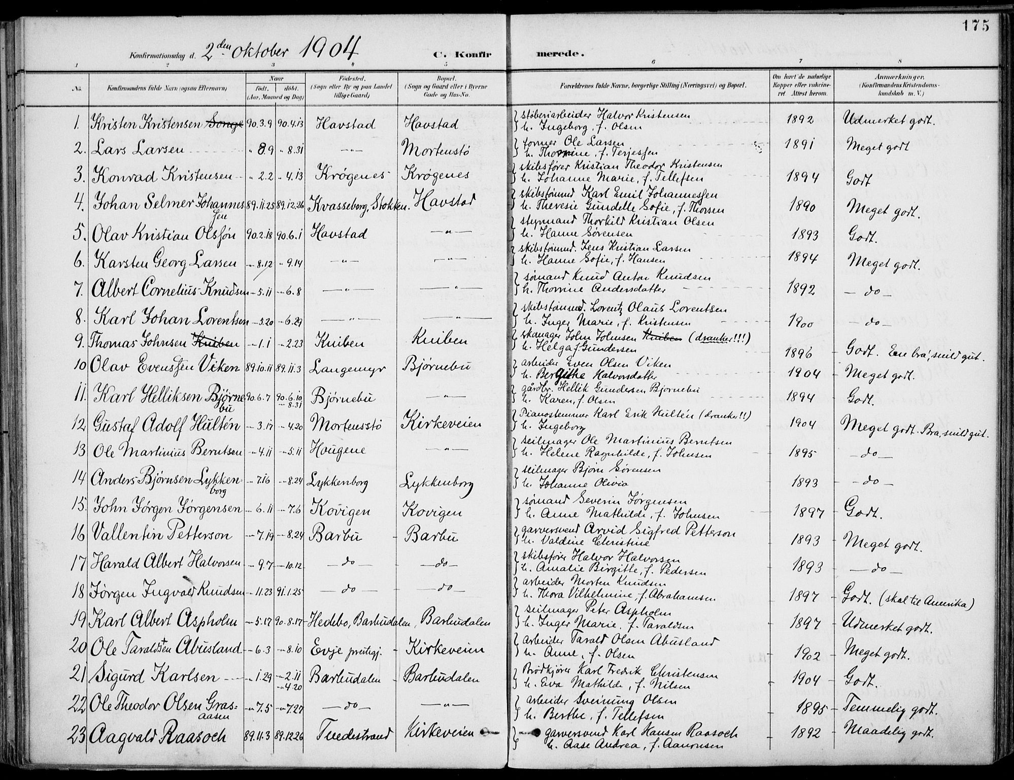 Barbu sokneprestkontor, SAK/1111-0003/F/Fa/L0005: Parish register (official) no. A 5, 1899-1909, p. 175