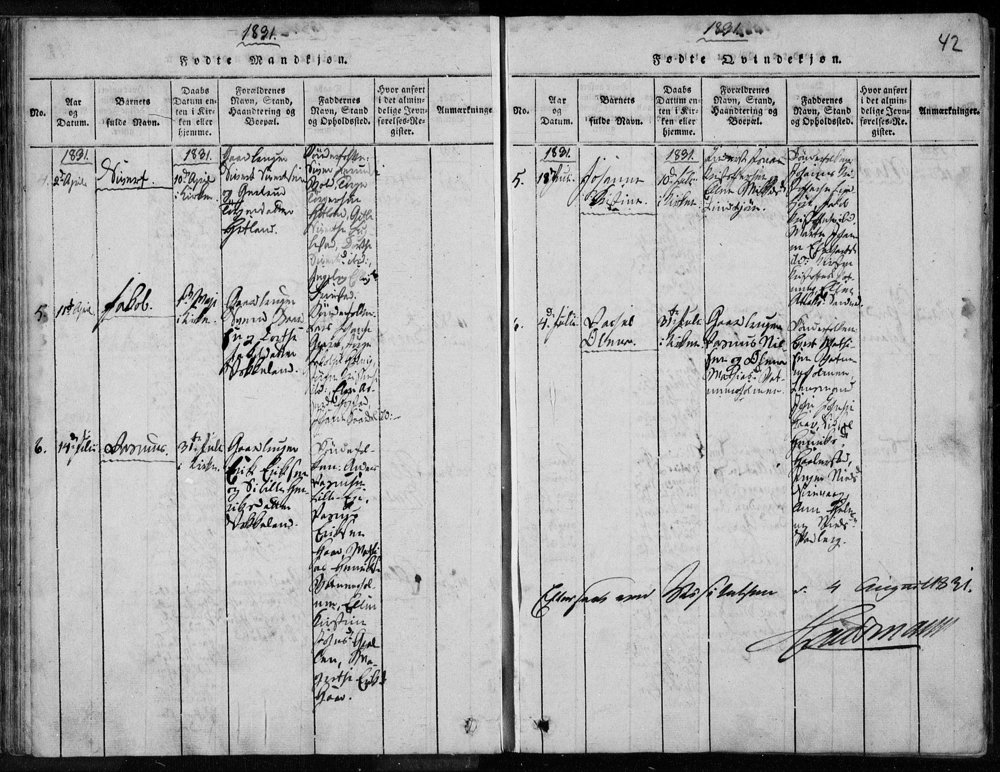 Eigersund sokneprestkontor, AV/SAST-A-101807/S08/L0008: Parish register (official) no. A 8, 1816-1847, p. 42