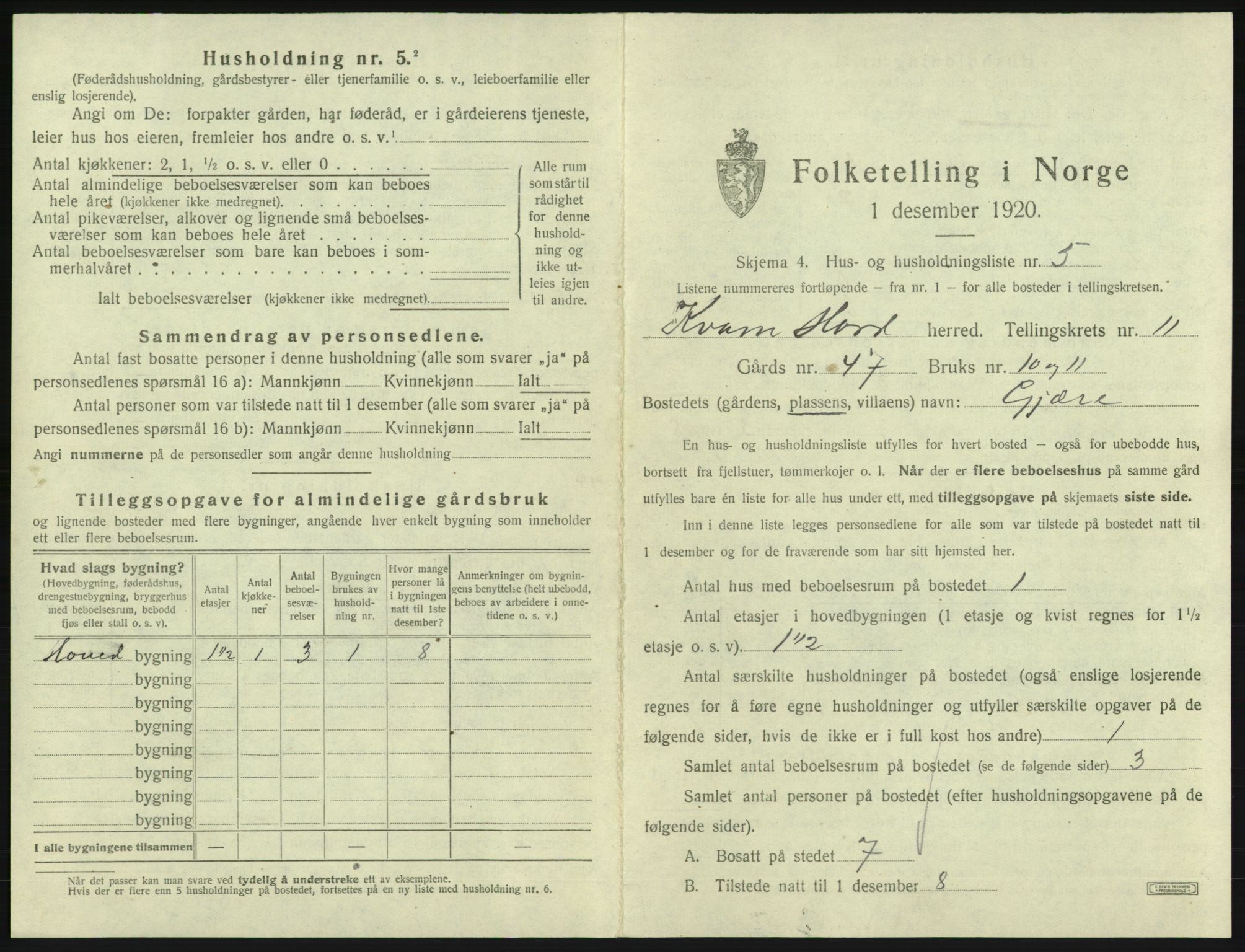 SAB, 1920 census for Kvam, 1920, p. 968