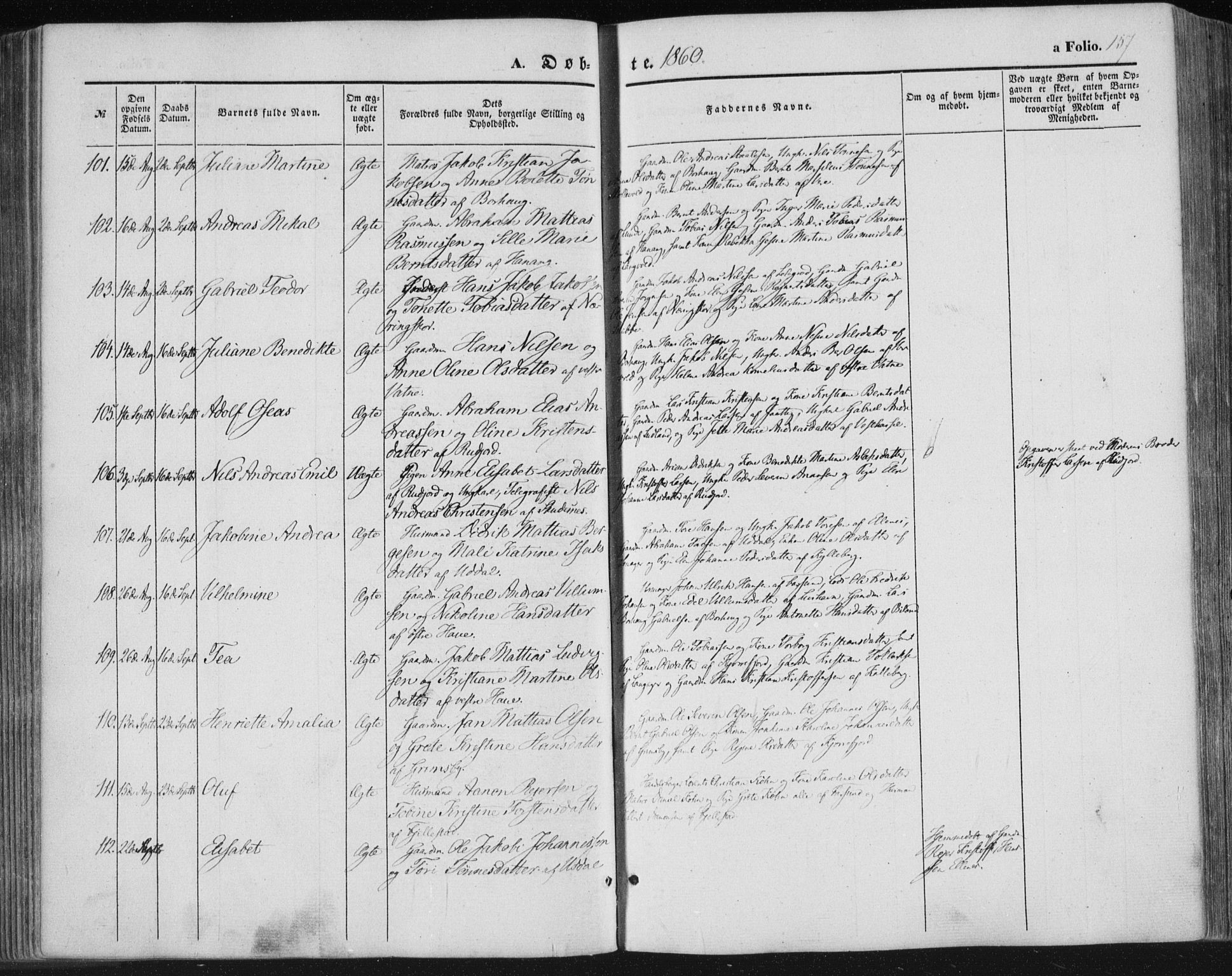 Lista sokneprestkontor, SAK/1111-0027/F/Fa/L0010: Parish register (official) no. A 10, 1846-1861, p. 157