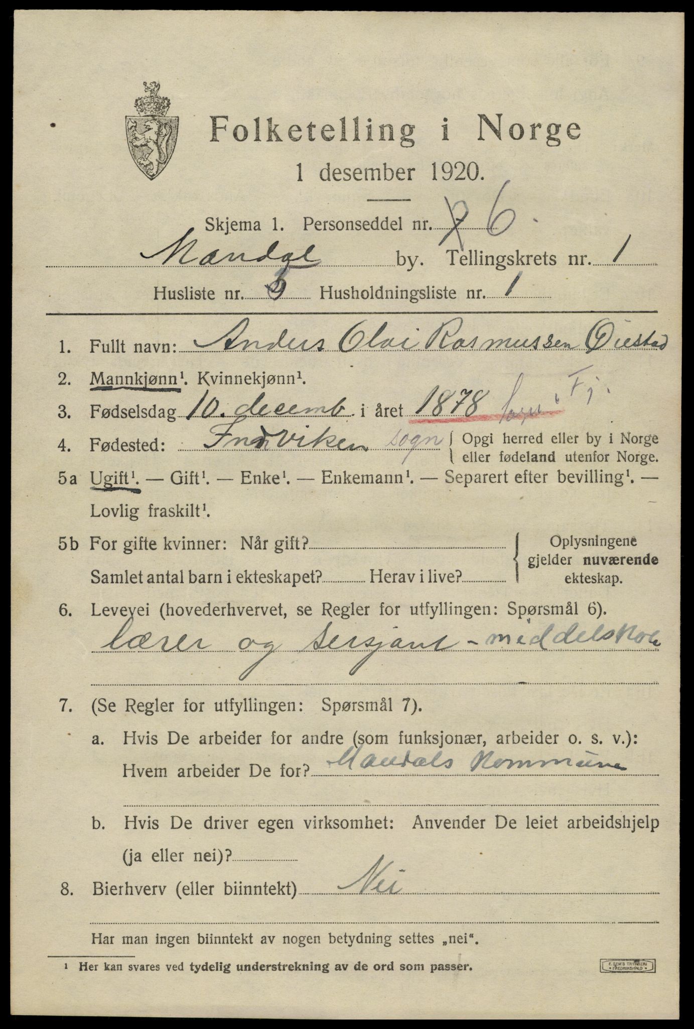 SAK, 1920 census for Mandal, 1920, p. 3299