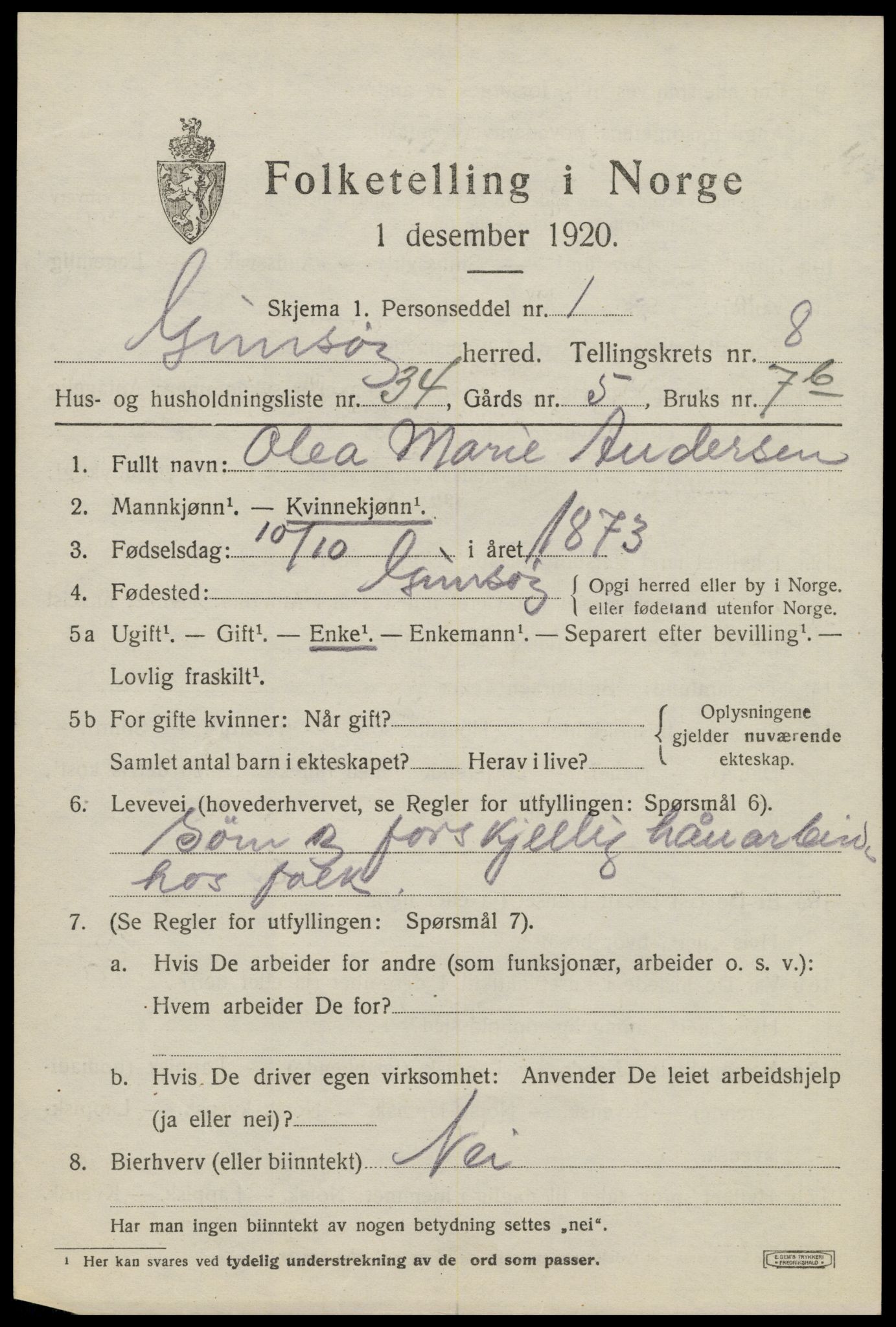 SAT, 1920 census for Gimsøy, 1920, p. 3547