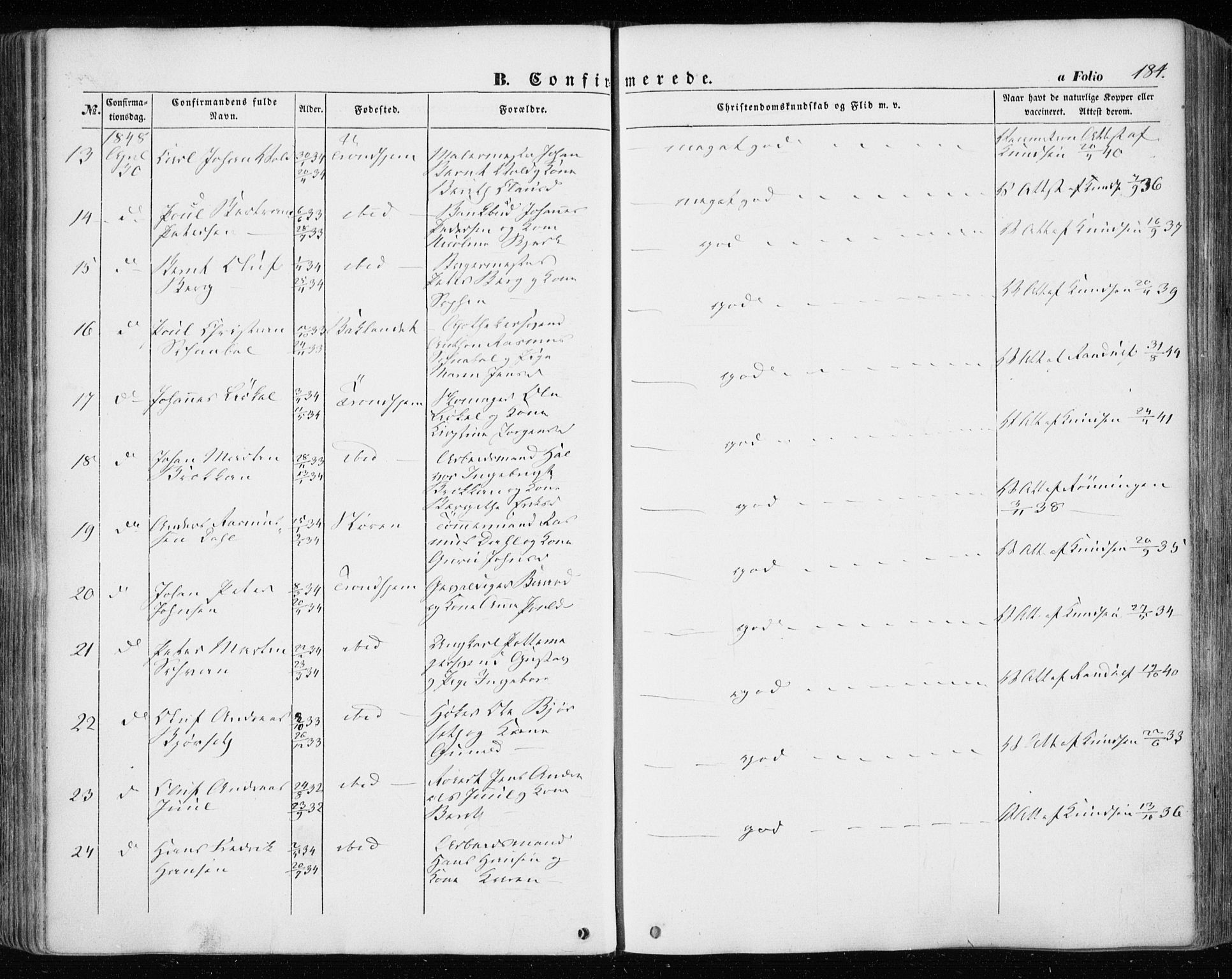 Ministerialprotokoller, klokkerbøker og fødselsregistre - Sør-Trøndelag, SAT/A-1456/601/L0051: Parish register (official) no. 601A19, 1848-1857, p. 184