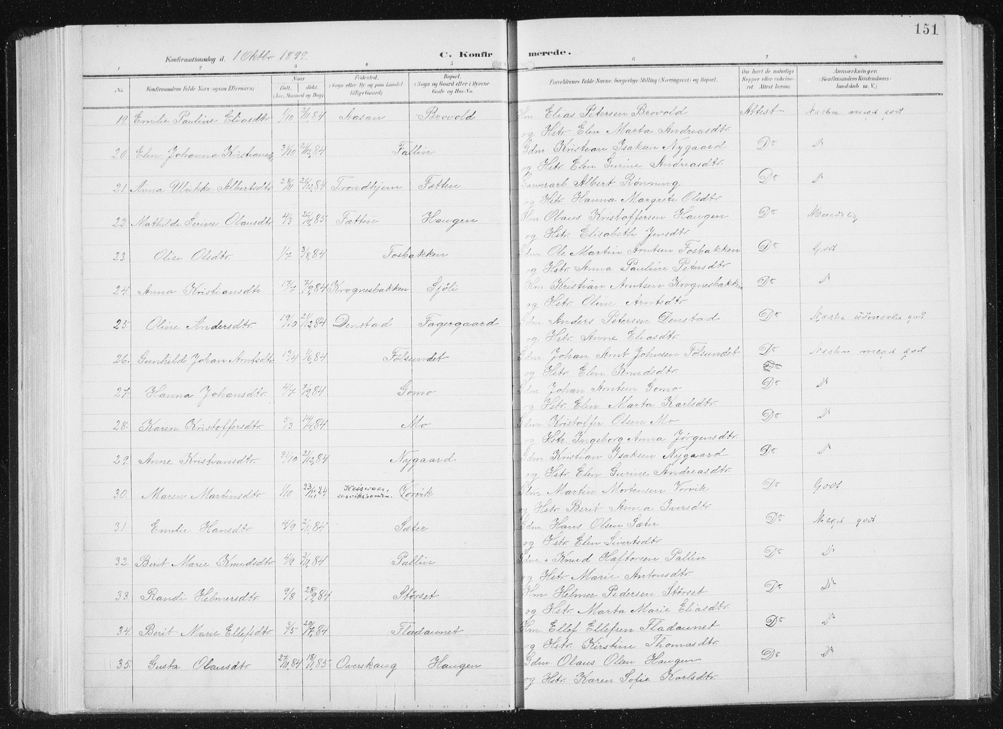 Ministerialprotokoller, klokkerbøker og fødselsregistre - Sør-Trøndelag, AV/SAT-A-1456/647/L0635: Parish register (official) no. 647A02, 1896-1911, p. 151