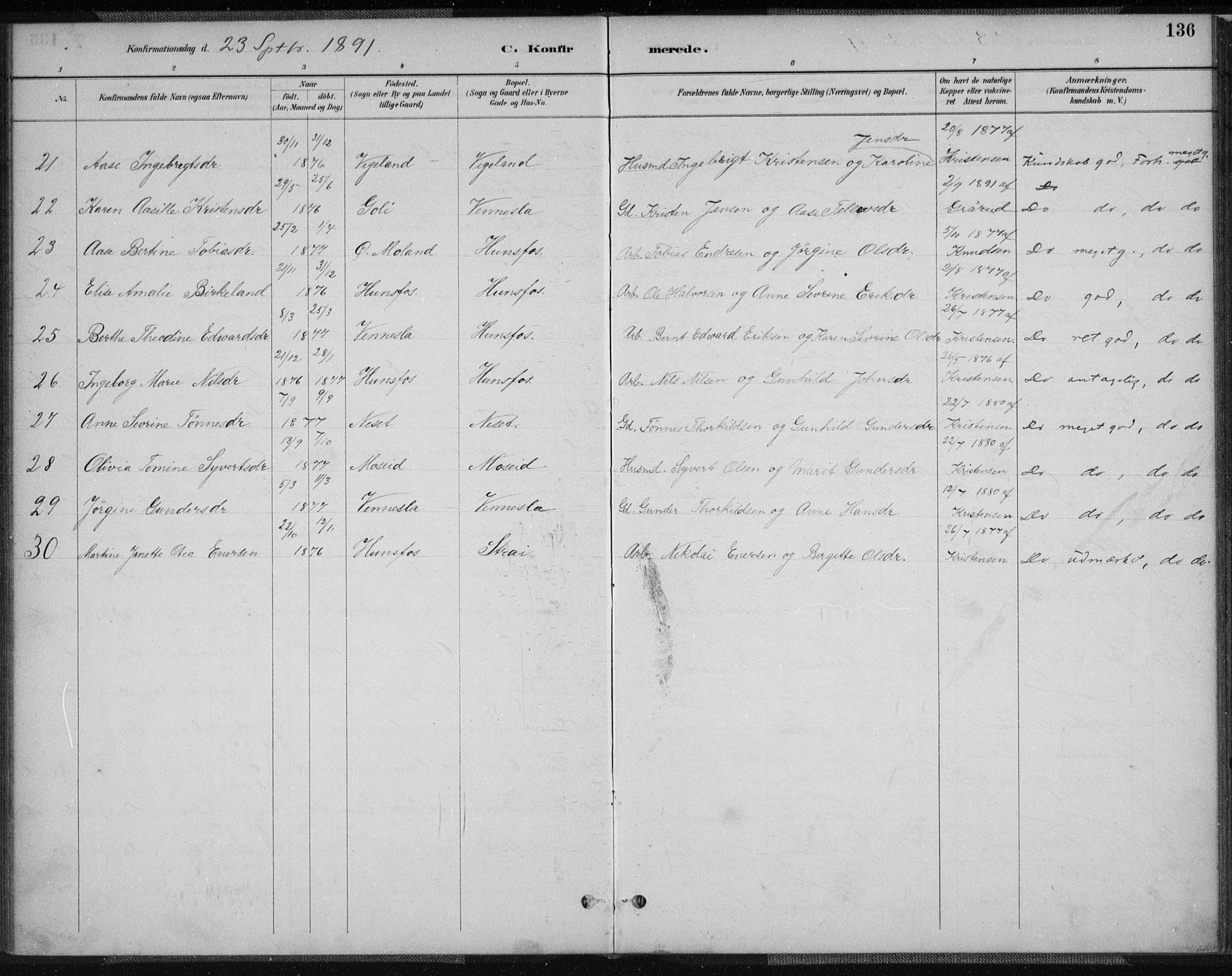 Vennesla sokneprestkontor, AV/SAK-1111-0045/Fa/Fab/L0004: Parish register (official) no. A 4, 1884-1896, p. 136