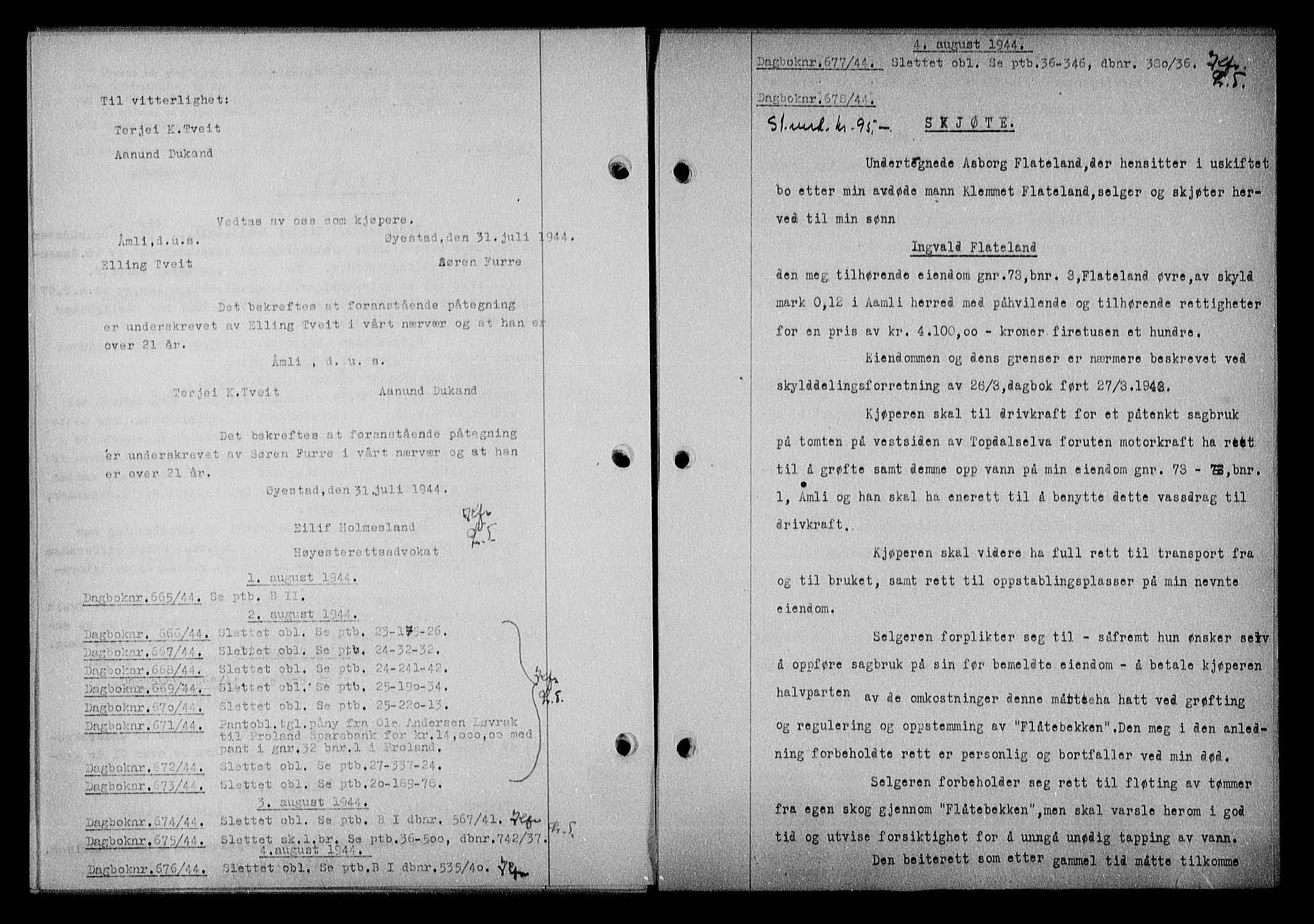 Nedenes sorenskriveri, SAK/1221-0006/G/Gb/Gba/L0051: Mortgage book no. A-V, 1943-1944, Diary no: : 665/1944