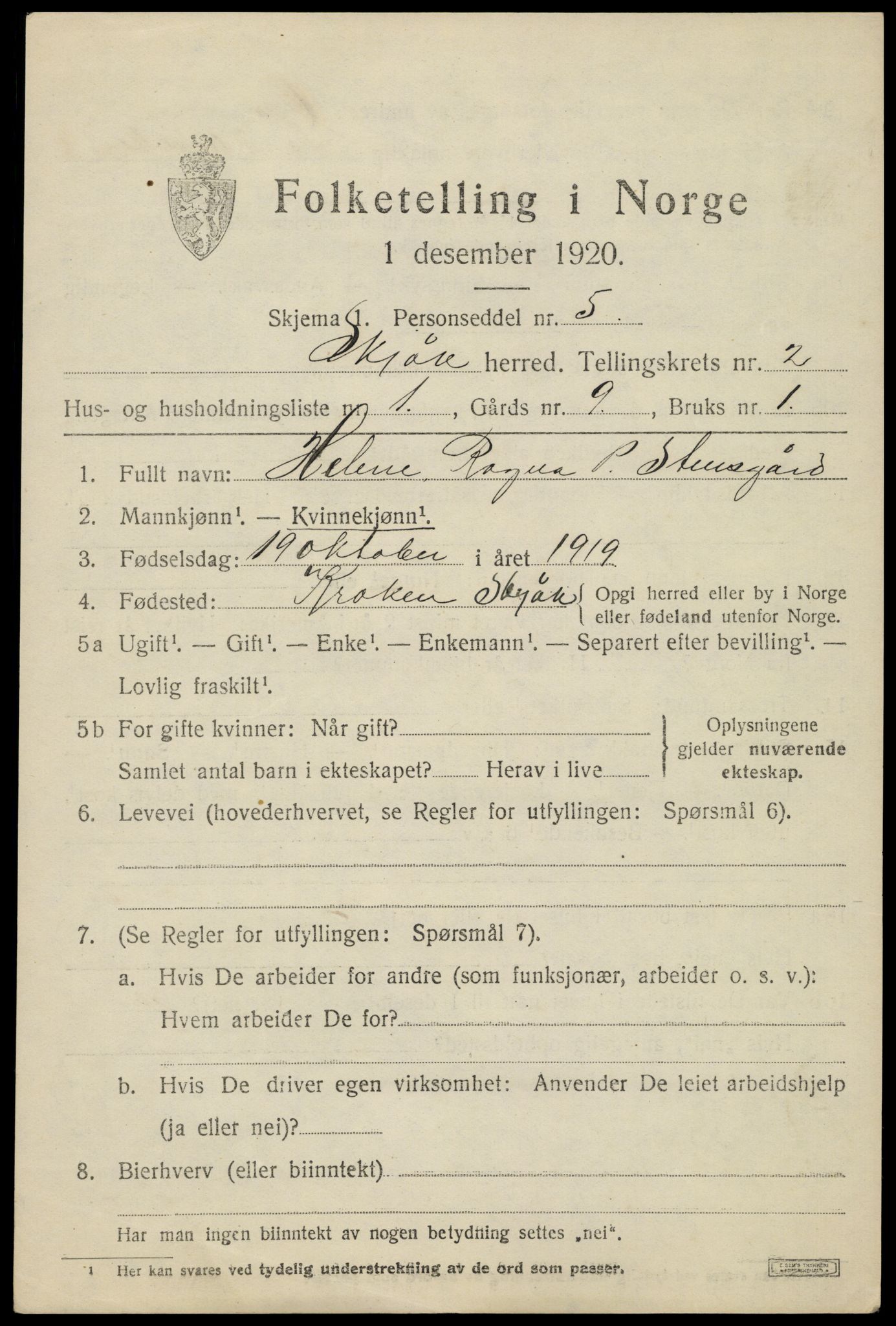 SAH, 1920 census for Skjåk, 1920, p. 1084